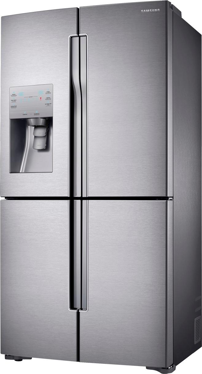 Left View: SAMSUNG 23 cu. ft. Counter Depth 4-Door Flex™ Refrigerator with FlexZone™ RF23J9011SR