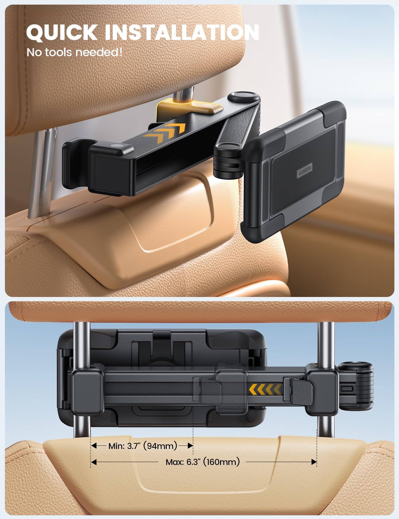 QUICK INSTALLATION  
No tools needed!  

Min: 3.7" (94mm)  
Max: 6.3" (160mm)