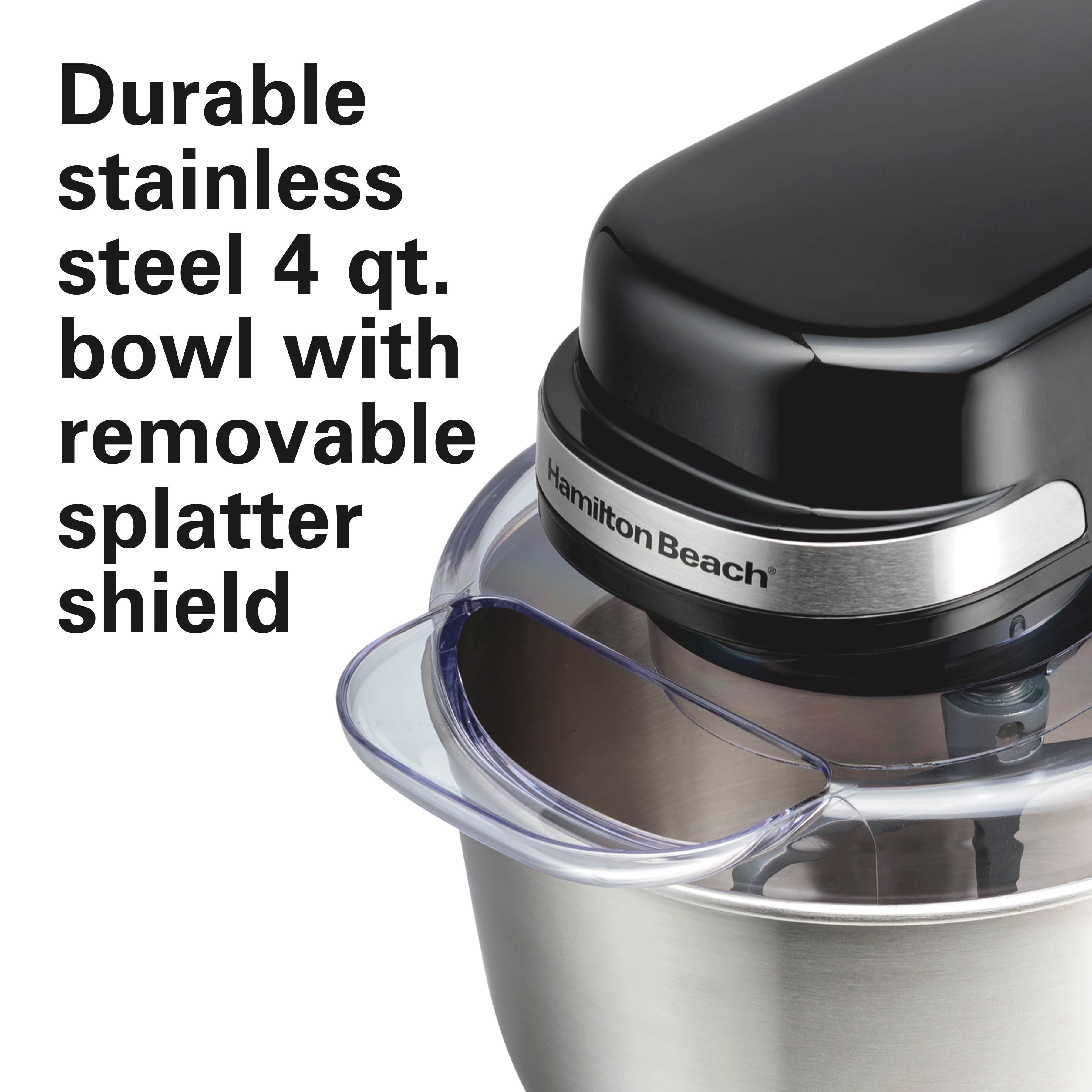 Durable stainless steel 4 qt. bowl with removable splatter shield
Hamilton Beach