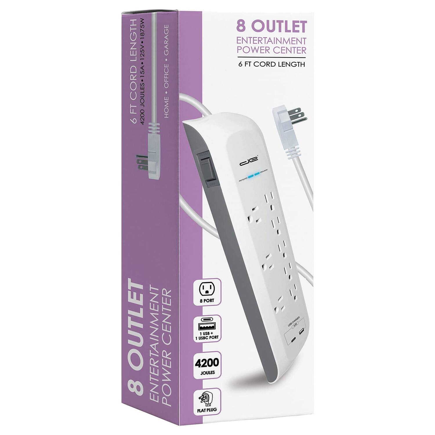 8 Outlet Entertainment Power Center  
6 FT Cord Length  
4200 Joules  
1 USB Port  
Flat Plug  
Home • Office • Garage  
15A 125V 1875W