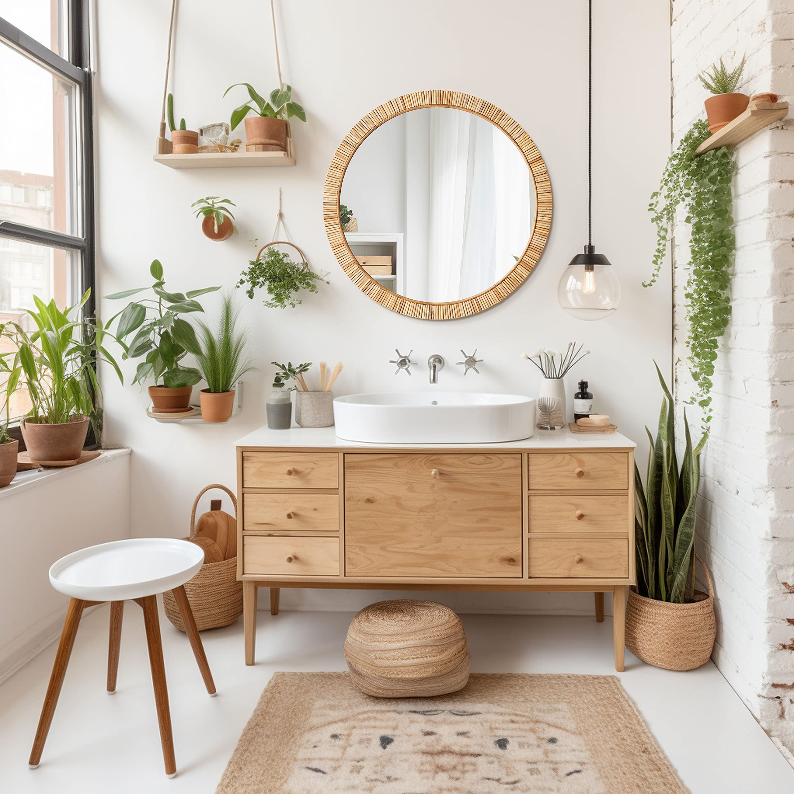 Left. Empire DigiLabs - Rattan Bathroom Mirror Rustic Farmhouse Style Handmade Wicker Frame Boho For Wall Decor 25 5 Round - Arched 30"L x 20"W.