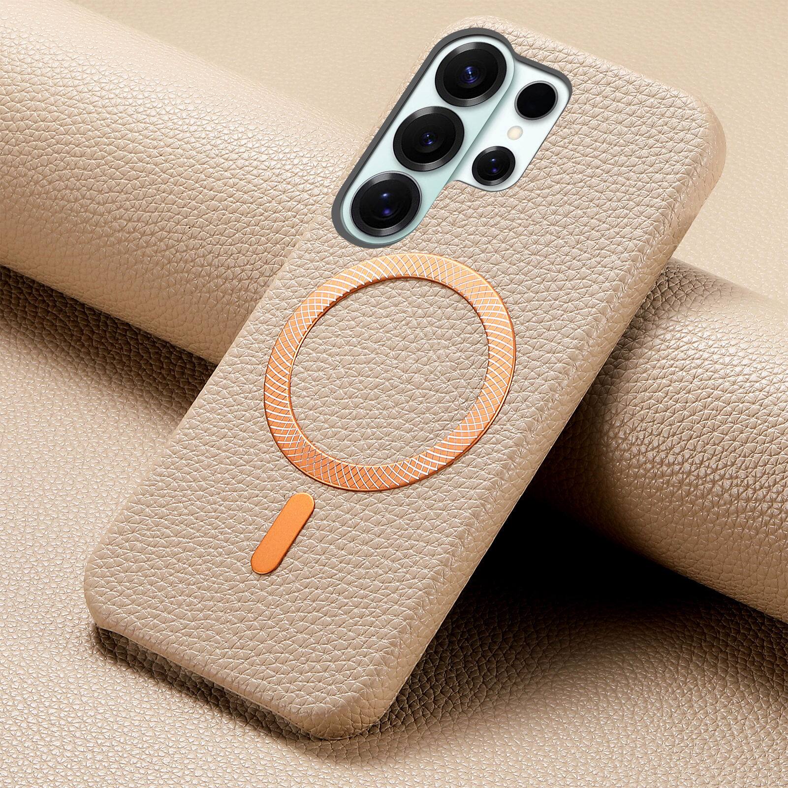 Alt View 4. Dteck - Lychee Texture Case for Samsung Galaxy S26 Ultra, Premium PU Leather Magnetic Shockproof Hard PC Cover with Raised Edges - Khaki.
