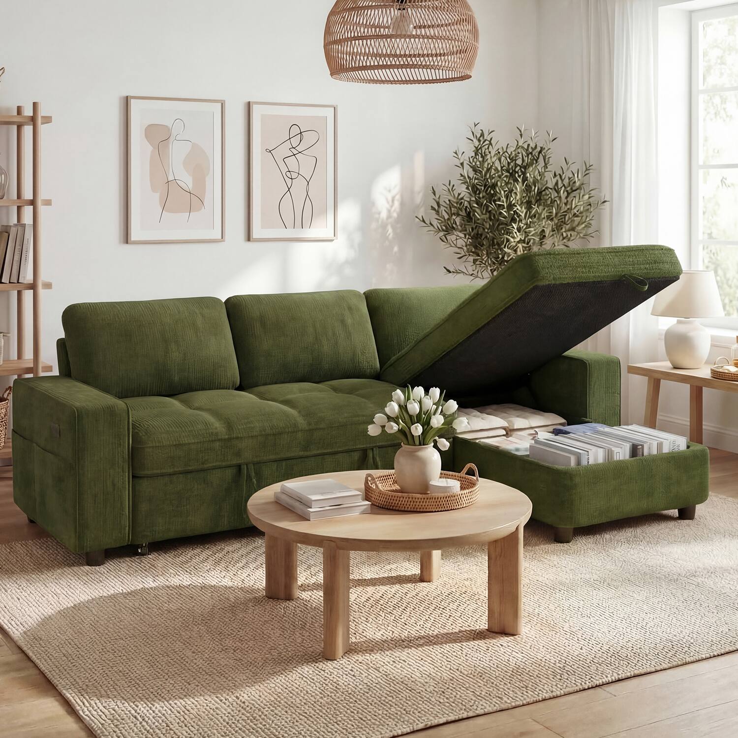 Alt View 3. Dyonery - Dyonery 81" L-Shaped Sleeper Sofa Bed with Pull-Out, Reclining Backrest, Storage Chaise & USB Ports, Chenille Green - Chenille + Green.