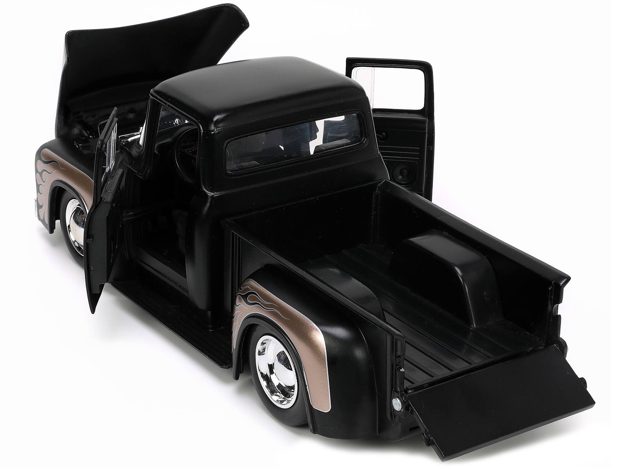 Alt View 2. Jada - 1956 Ford F-100 Pickup Truck Matt Black & Champagne w/Flames w/Extra Wheels "Just Trucks" Series 1/24 Model Car by Jada.