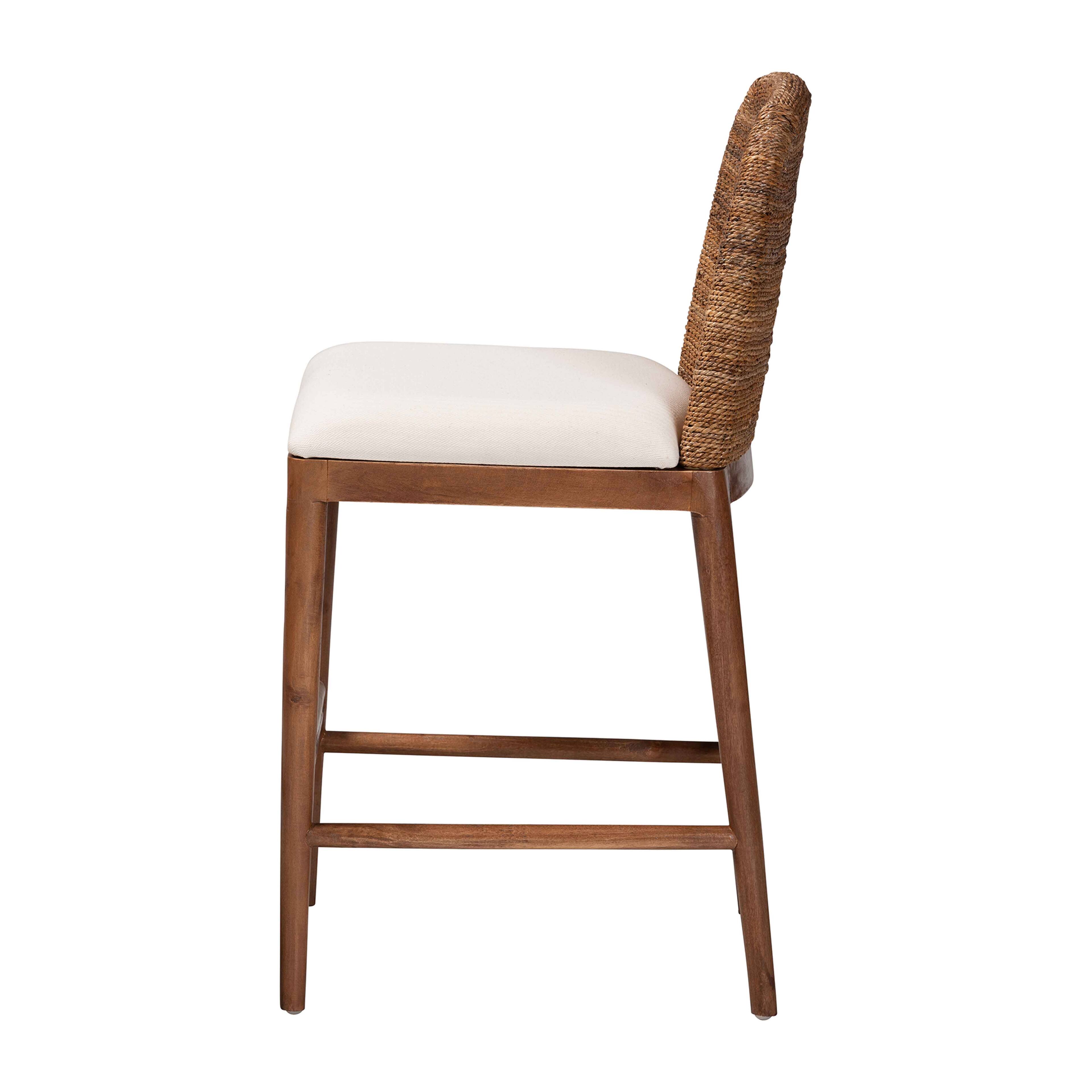 Left. bali & pari - Nadim Modern Bohemian Seagrass and Acacia Wood Counter Stool - White/Natural Brown/Natural Seagrass.