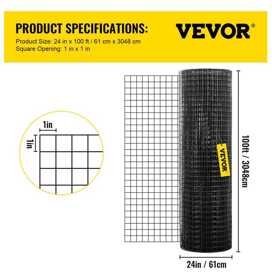 VEVOR Hardware Cloth, 24" x 100' & 1"x1" Mesh Size, Galvanized Steel ...