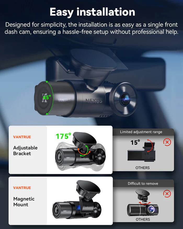 Easy installation  
Designed for simplicity, the installation is as easy as a single front dash cam, ensuring a hassle-free setup without professional help.

45° VANIRO NEXUS  
175° VANTRUE Adjustable Bracket  
Limited adjustment range 15° OTHERS  
VANTRUE Magnetic Mount  
Difficult to remove X VANTTUE OTHERS