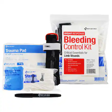 FIRST AID ONLY
Trauma Pad 5" x 9" (12.7cm x 22.8cm)
FIRST AID ONLY
Nitrile Exam Gloves
2 Gloves: Non-Sterile, Single Use & Powder Free
Sterile
Sterility guaranteed unless package is damaged or open
PULL AT NOTCH TO OPEN
FIRST AID ONLY
RIGHT RESPONSE
Bleeding Control Kit
Critical Essentials for Limb Wounds
Description 91512 / 7 Pieces
1. Windlass Tourniquet
2. Bleeding Control Instructions
3. Hema-Seal Gauche Roll
4. Marker
5. Nitrile Exam Gloves
6. Trauma Pad 5" x 9"
Lot A18222
TIME:
FIRST AID ONLY
AndOnig.com