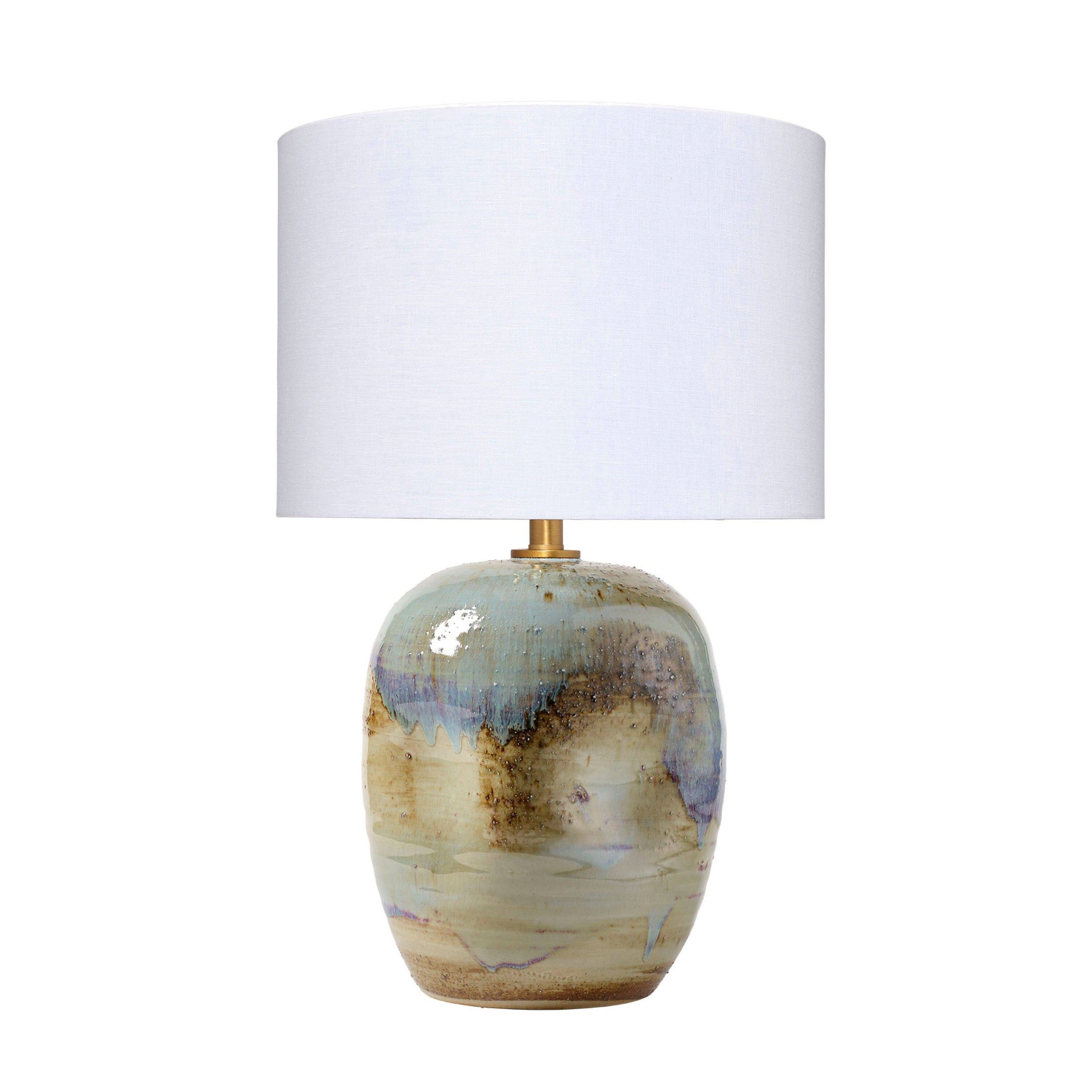Front. Manhattan Lane - Sivy Accent Table Lamp, Linen, Round Abstract Ceramic 26 Inch - Blue, Purple, Natural Beige, White, Brass Finish.
