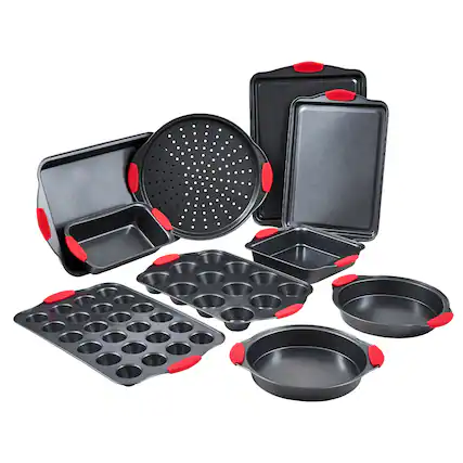Front. VEVOR - Baking Pans Set, 10-Piece, Nonstick Carbon Steel Cookware Sheets & Trays, Stackable Kitchen Oven Bakeware Cooking Sets - Charcoal Black.