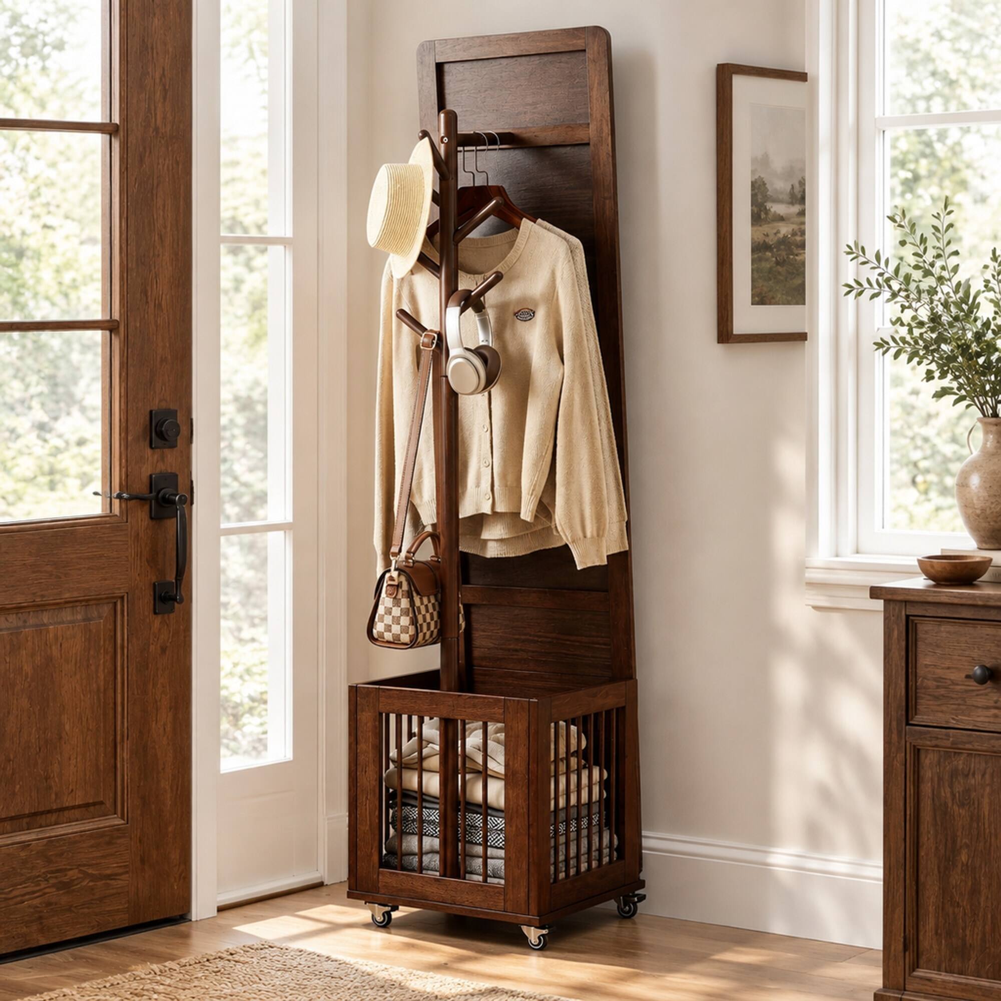 Front. RYHNUYNE - Solid Wood Rolling Coat Rack, Full-Length Mirror, Storage Basket, Multi-Hook, Lockable Casters, Entryway and Bedroom - Walnut.