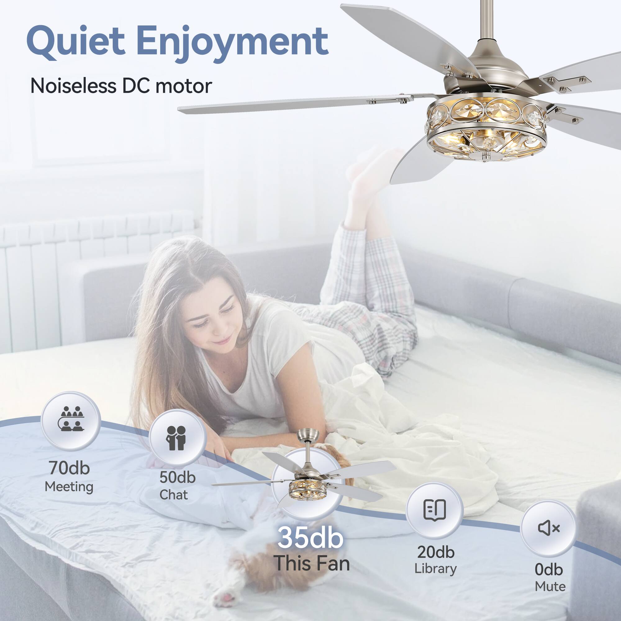 Quiet Enjoyment, Noiseless DC motor, 70db Meeting, 50db Chat, 35db This Fan, 20db Library, 0db Mute