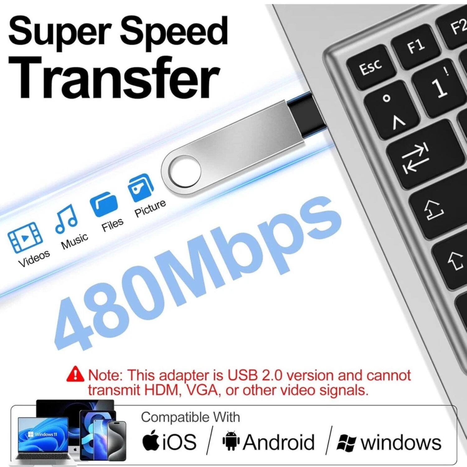 Super Speed Transfer

480Mbps

Note: This adapter is USB 2.0 version and cannot transmit HDMI, VGA, or other video signals.

Compatible With
- iOS
- Android
- Windows