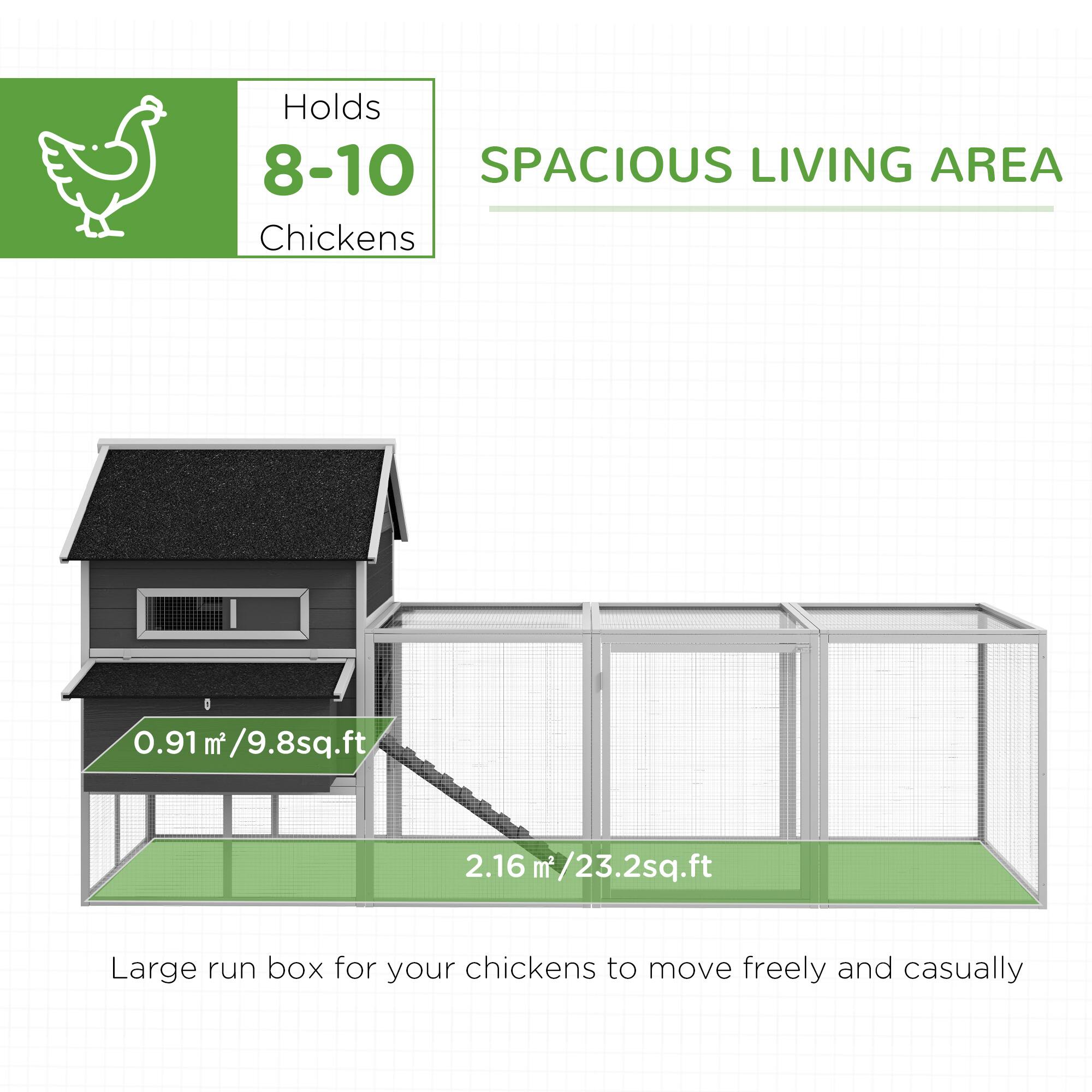 Holds 8-10 Chickens

SPACIOUS LIVING AREA

0.91 m² / 9.8 sq.ft

2.16 m² / 23.2 sq.ft

Large run box for your chickens to move freely and casually