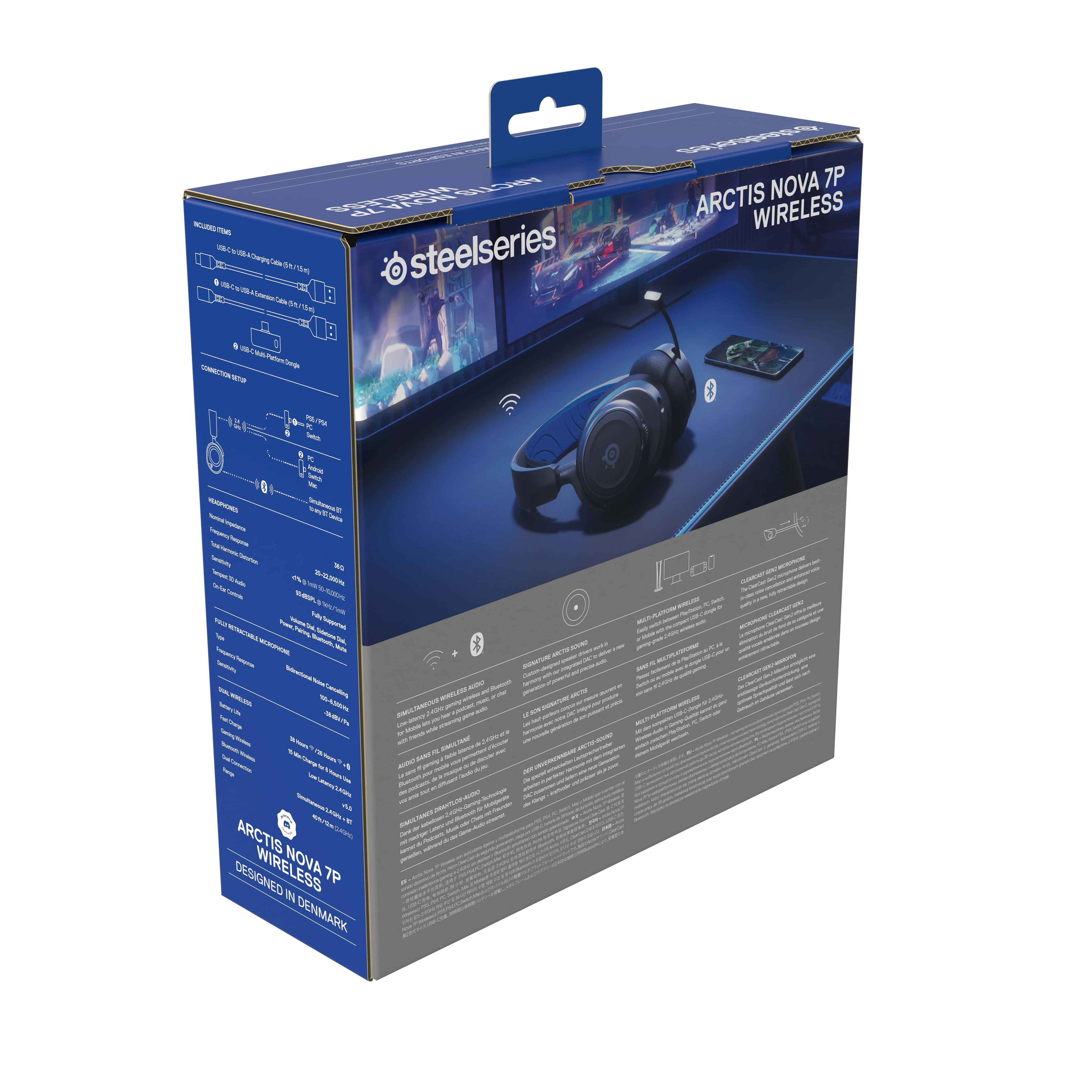 The text on the image reads: "Steelseries Arctis Nova 7P Wireless Headset Designed in Denmark."