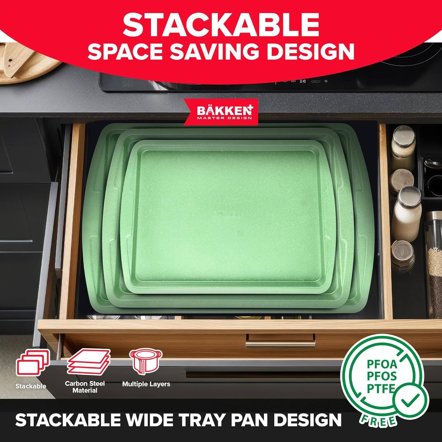 Stackable Space Saving Design, Stackable Wide Tray Pan Design, Carbon Steel Material, Multiple Layers, PFOA PFOS PTFE Free
