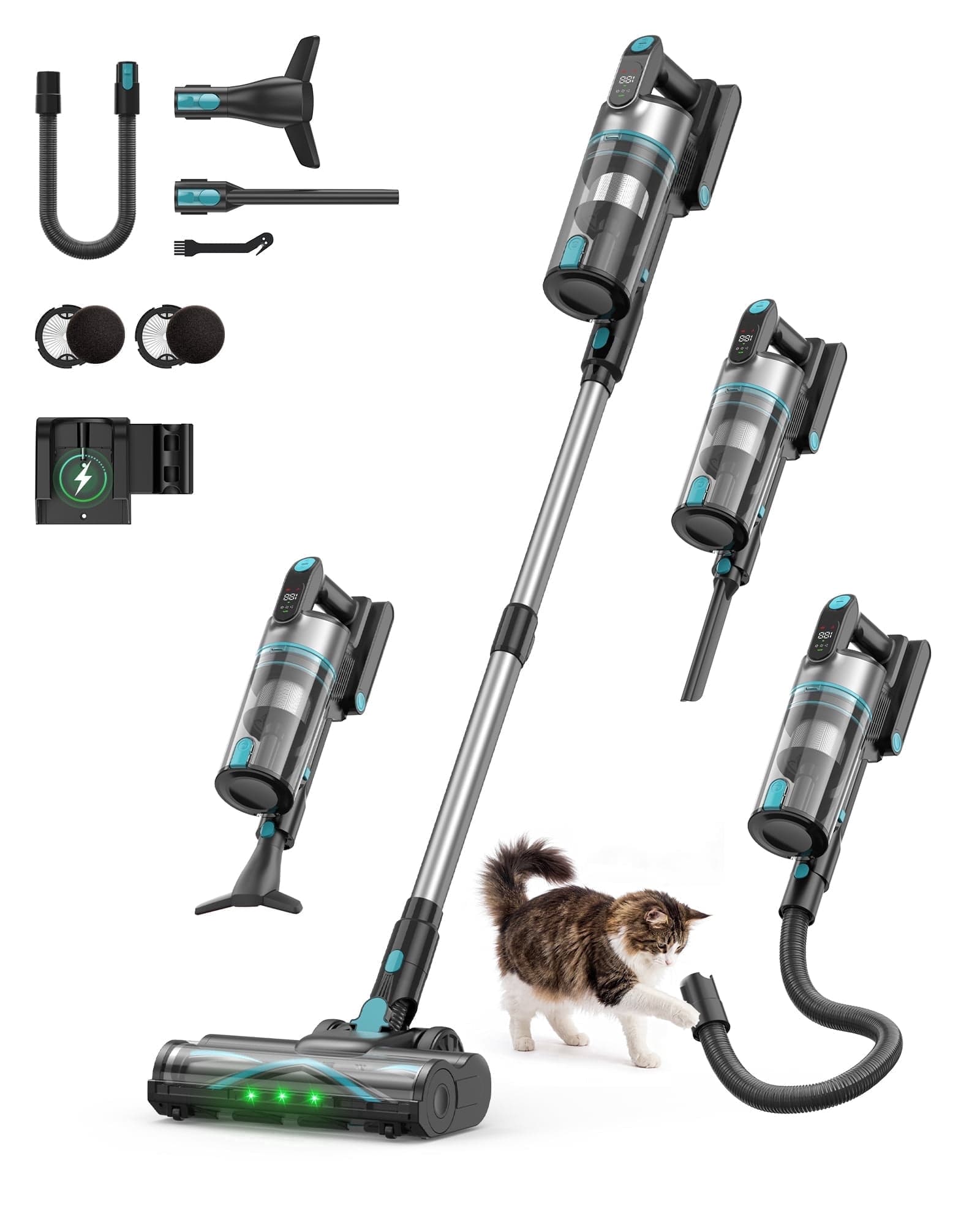 TECHRISE - Lightweight Cordless Stick Vacuum with Flexible Hose, 650W 55kPa Suction , 70 Min Runtime for Pet Hair Carpet - Gray