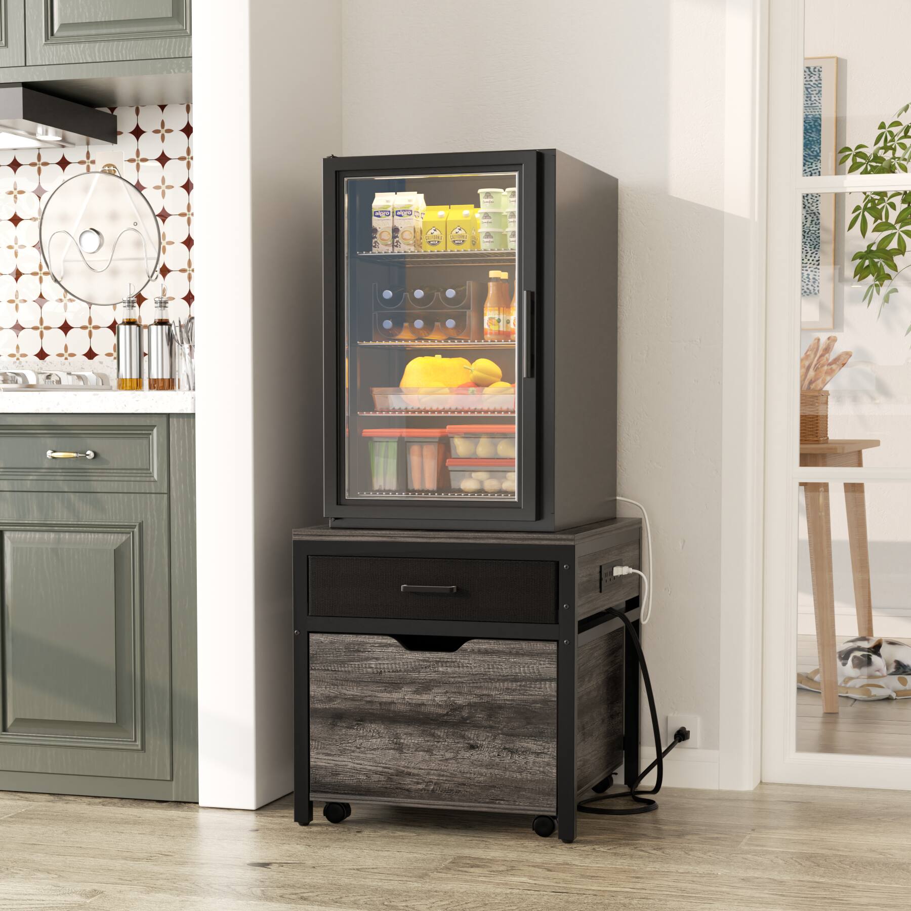 Back. Aheaplus - Rolling Mini Fridge & Microwave Stand with Drawer, Outlets - Heavy Duty for Dorm, Office & Apartment - Gray Oak.