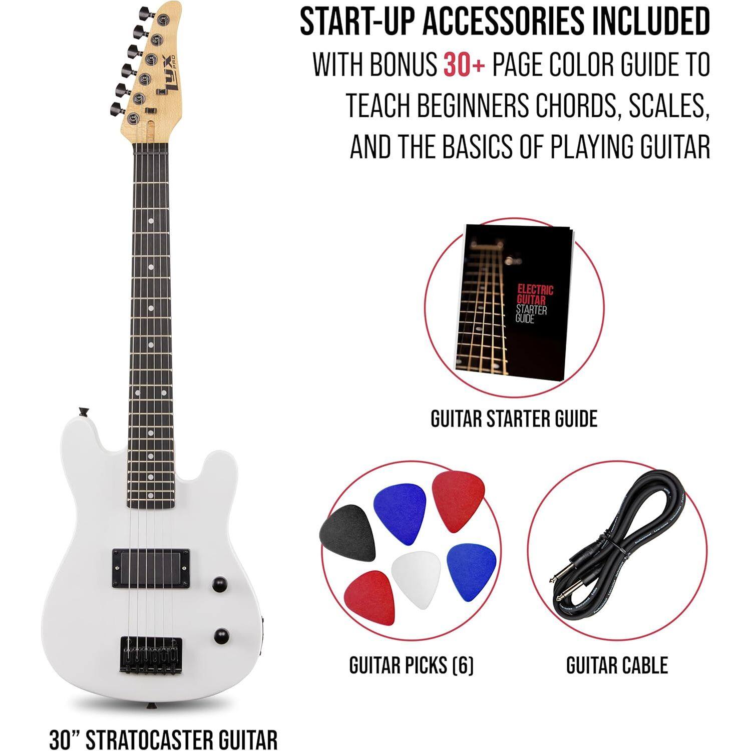 START-UP ACCESSORIES INCLUDED WITH BONUS 30+ PAGE COLOR GUIDE TO TEACH BEGINNERS CHORDS, SCALES, AND THE BASICS OF PLAYING GUITAR

- GUITAR STARTER GUIDE
- GUITAR PICKS (6)
- GUITAR CABLE
- 30" STRATOCASTER GUITAR