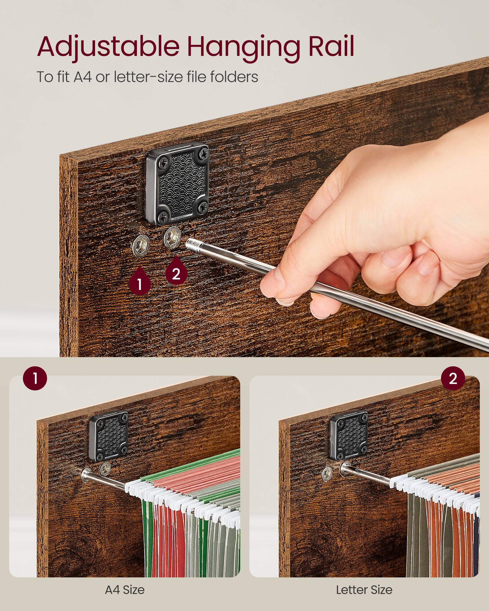 Adjustable Hanging Rail  
To fit A4 or letter-size file folders  

1.  
2.  

A4 Size  
Letter Size