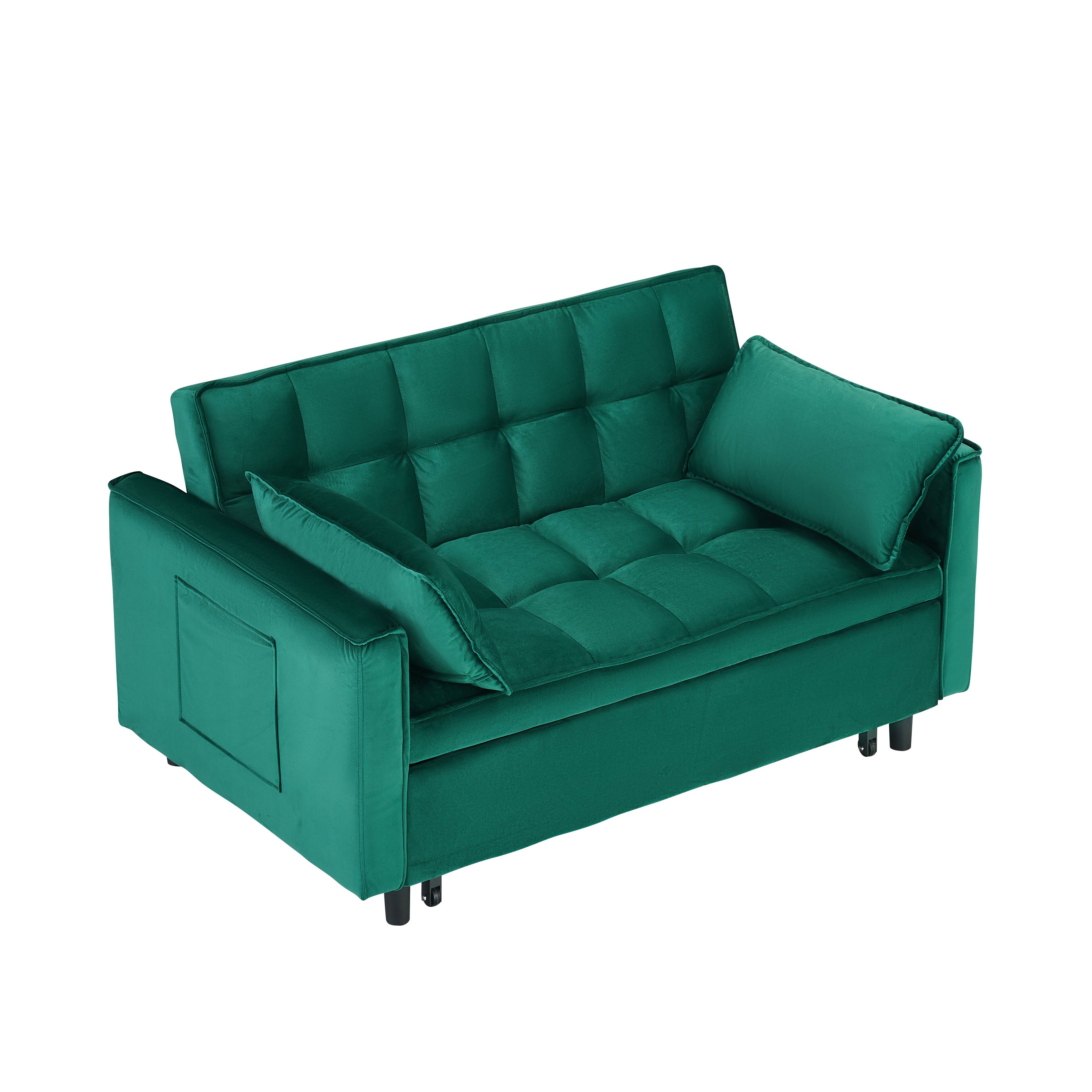Alt View 1. GOODSILO - Elegant 55-Inch Velvet Sofa Bed with Storage Pockets - Three-in-One Convertible Design - Green.