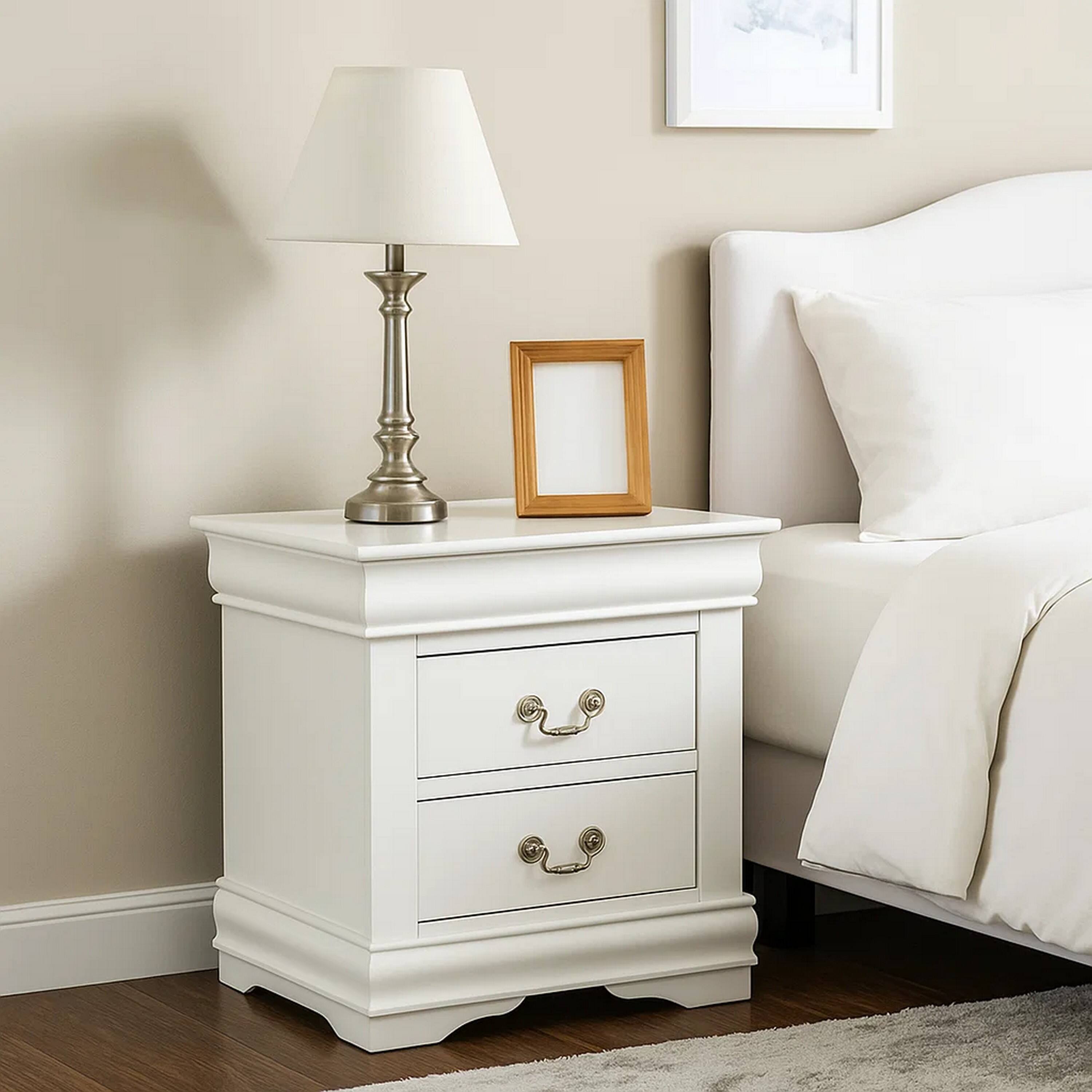 Alt View 6. Manhattan Lane - 2 Drawer Wooden Nightstand with Metal Hanging Pulls and Bracket Feet - White.