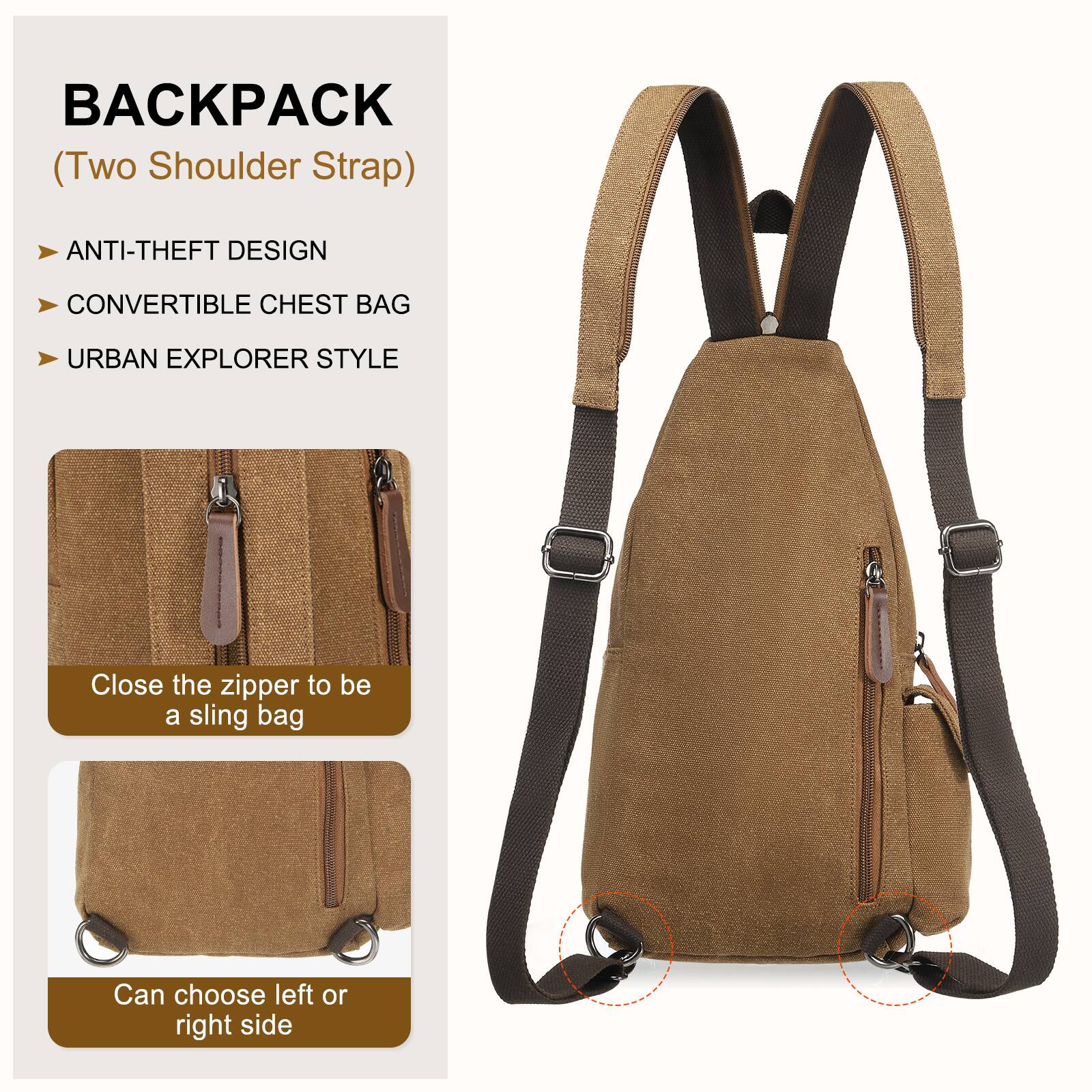 BACKPACK (Two Shoulder Strap)

- ANTI-THEFT DESIGN
- CONVERTIBLE CHEST BAG
- URBAN EXPLORER STYLE

Close the zipper to be a sling bag

Can choose left or right side
