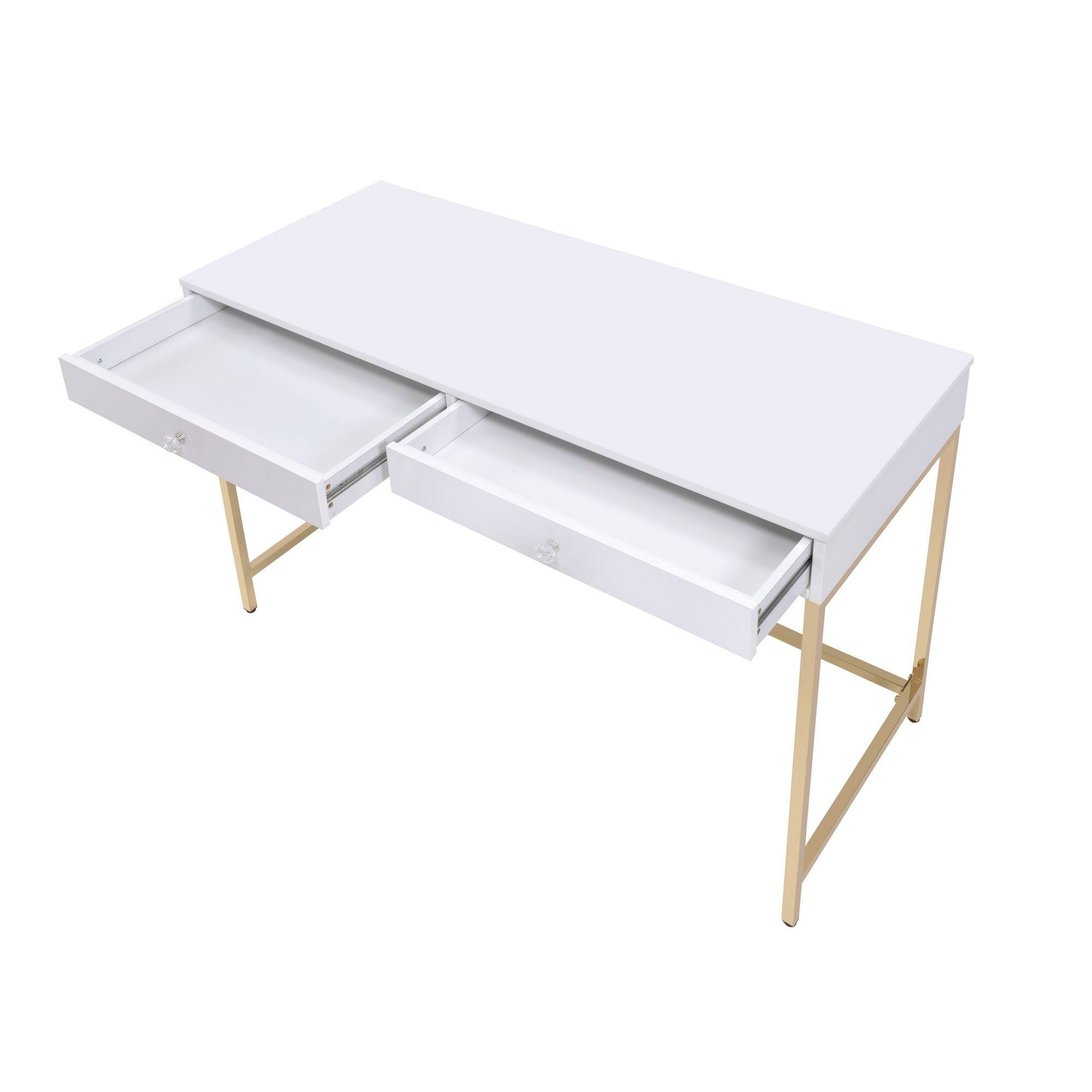 Left. Manhattan Lane - Two Drawers Wooden Desk with Tubular Metal Base, White and Gold - White and Gold.