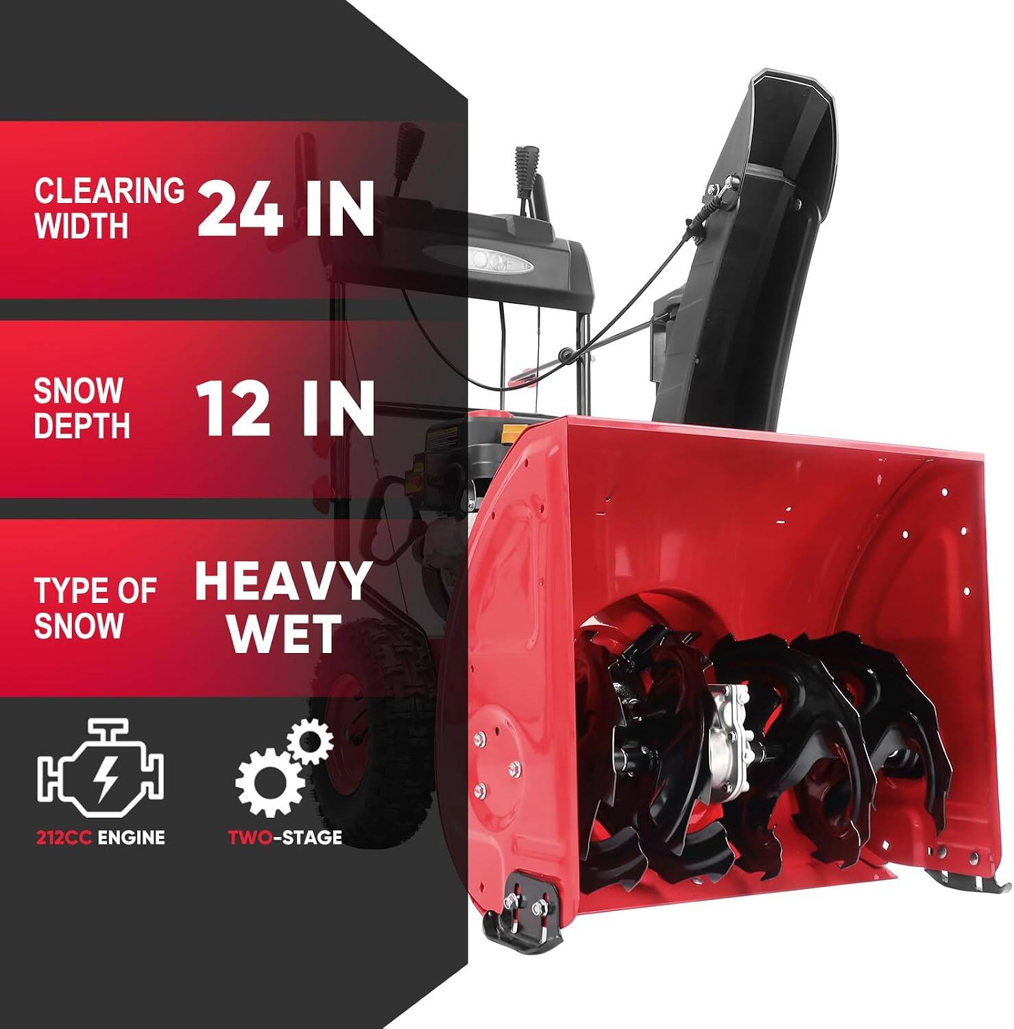 CLEARING WIDTH 24 IN  
SNOW DEPTH 12 IN  
TYPE OF SNOW HEAVY WET  
212CC ENGINE  
TWO-STAGE