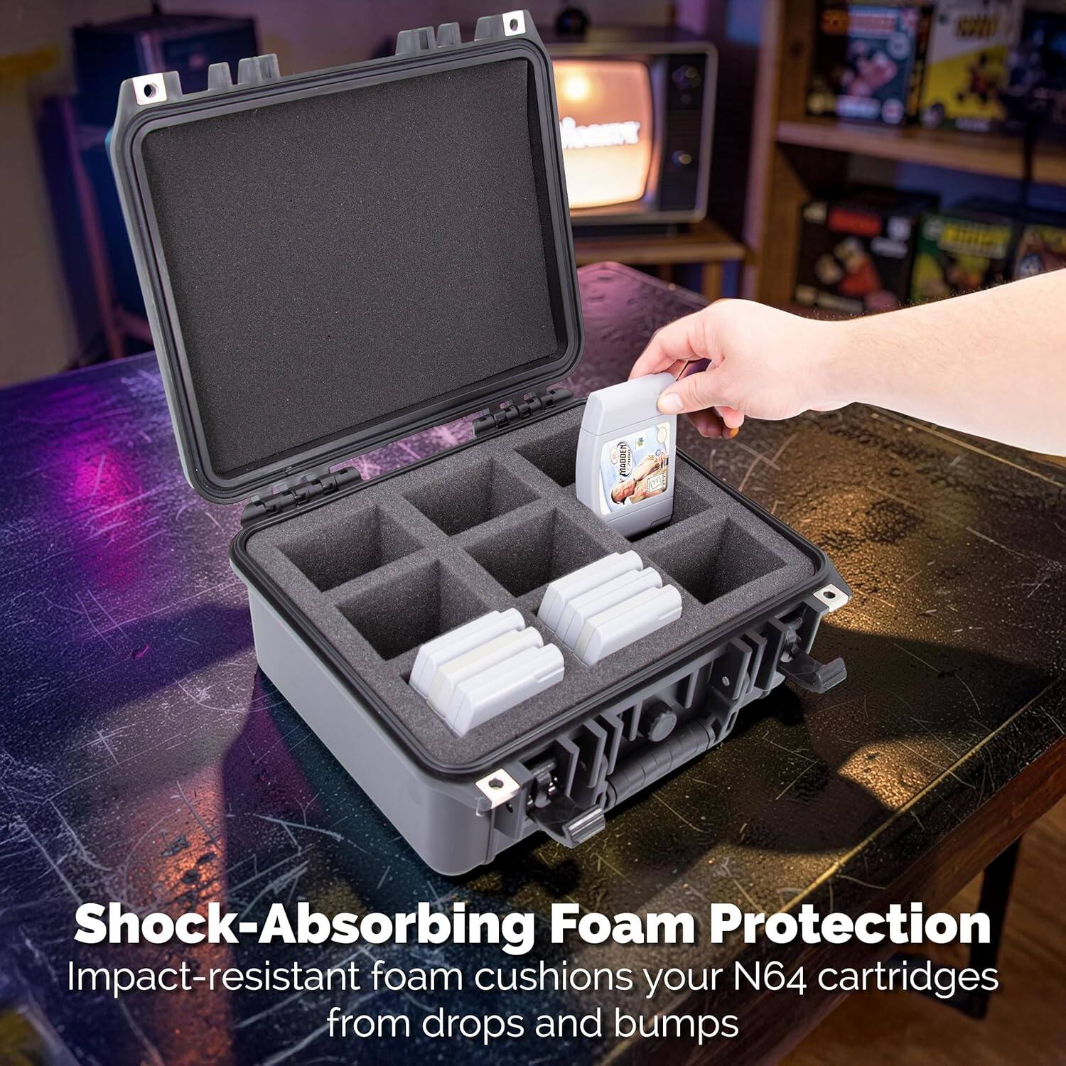 Shock-Absorbing Foam Protection  
Impact-resistant foam cushions your N64 cartridges from drops and bumps