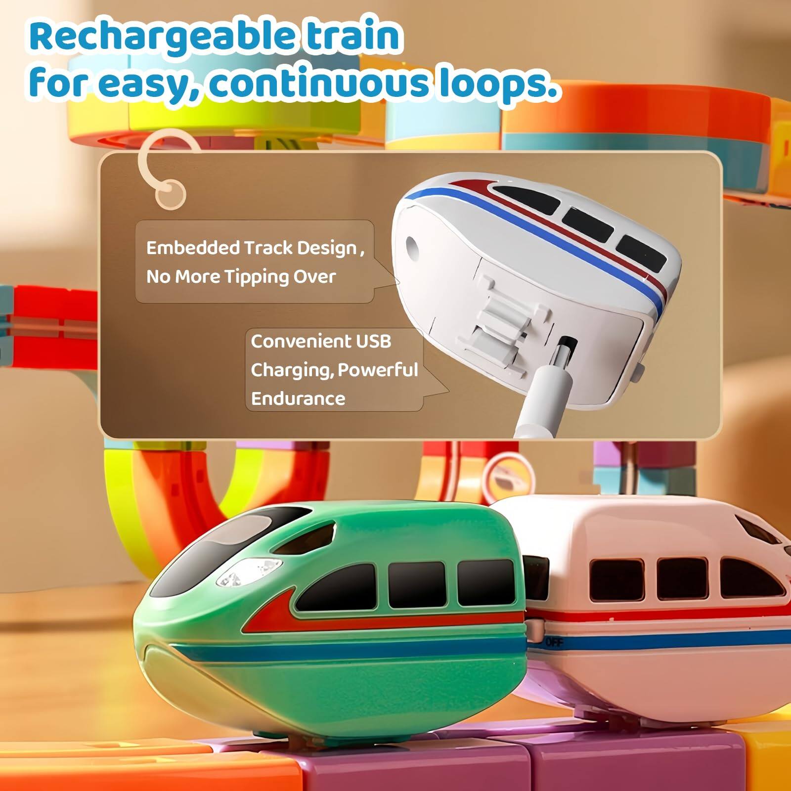 Rechargeable train for easy, continuous loops.

- Embedded Track Design, No More Tipping Over
- Convenient USB Charging, Powerful Endurance