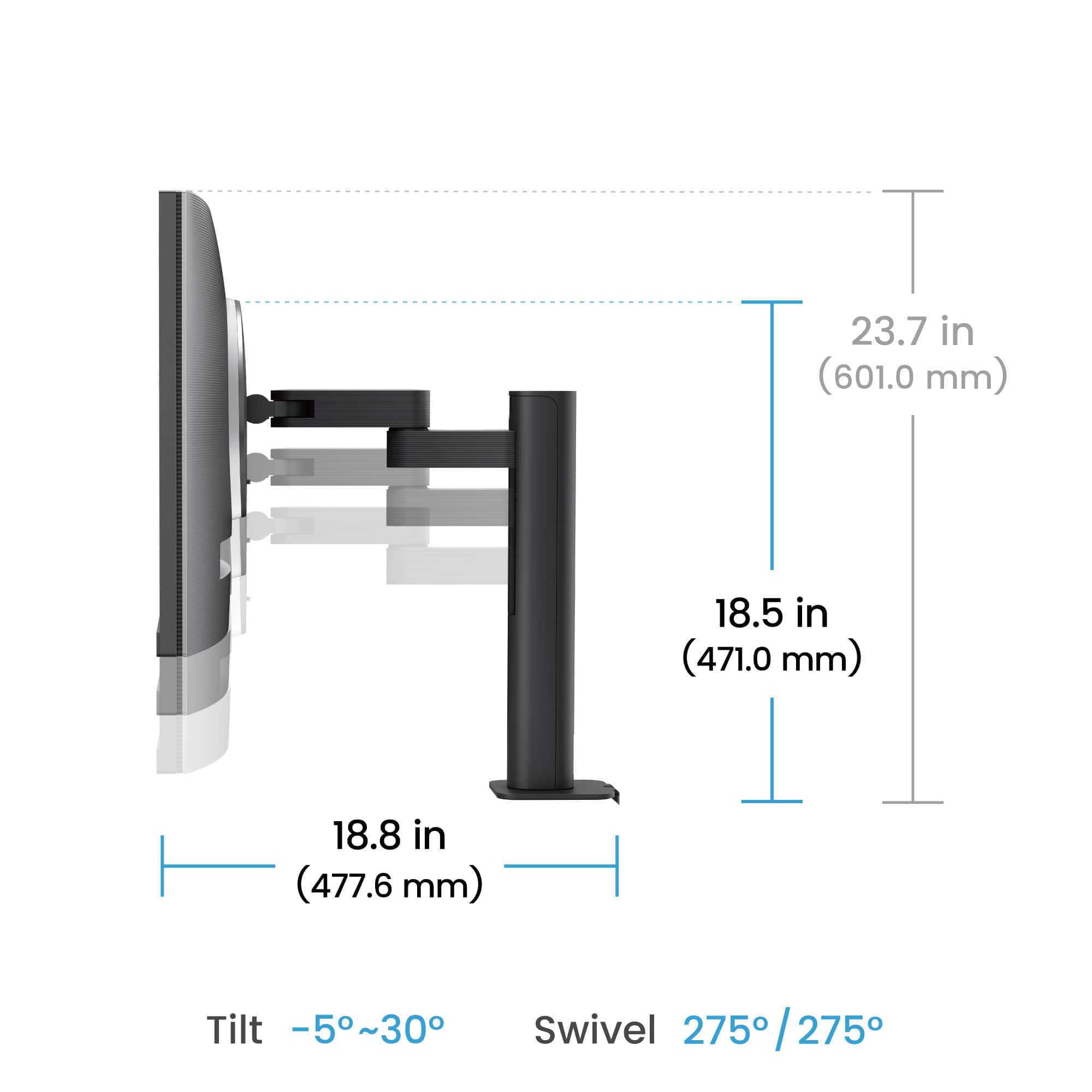The image shows a TV stand with a monitor on it. The stand is 23.7 inches (601.0 mm) tall, and the monitor is 18.5 inches (471.0 mm) tall. The stand also has a tilt range of -5 to 30 degrees and a swivel range of 275 degrees.