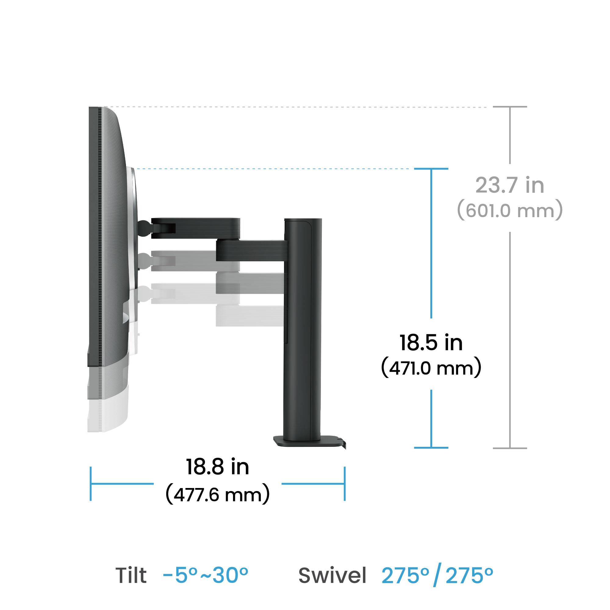 The image shows a TV stand with a monitor on it. The stand is 23.7 inches (601.0 mm) tall, and the monitor is 18.5 inches (471.0 mm) tall. The stand also has a tilt range of -5 to 30 degrees and a swivel range of 275 degrees.
