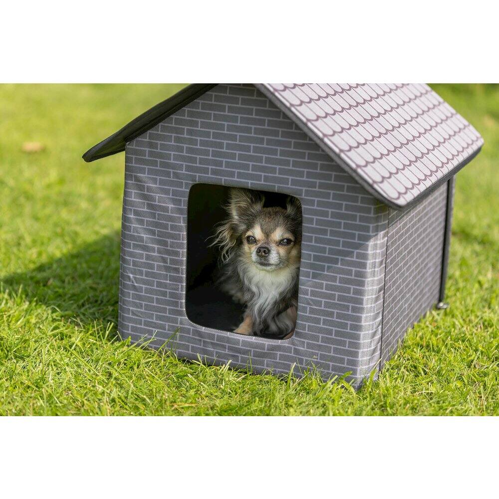 Angle. TRIXIE - Insulated Outdoor Pet House, Foldable, Waterproof Material - Gray.