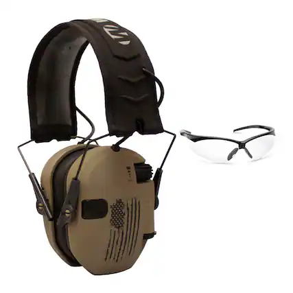 Front. Walkers - Walker’s Razor Shooting Muffs (Distressed Flag) with Shooting Glasses Kit - Tan.