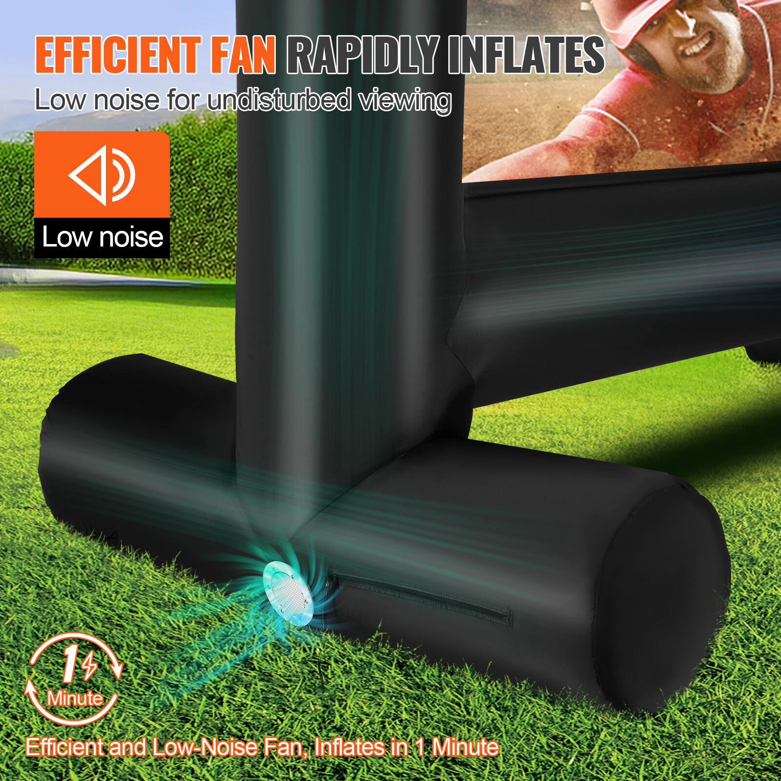 EFFICIENT FAN RAPIDLY INFLATES, Low noise for undisturbed viewing, Low noise, 1 Minute, Efficient and Low-Noise Fan, Inflates in 1 Minute