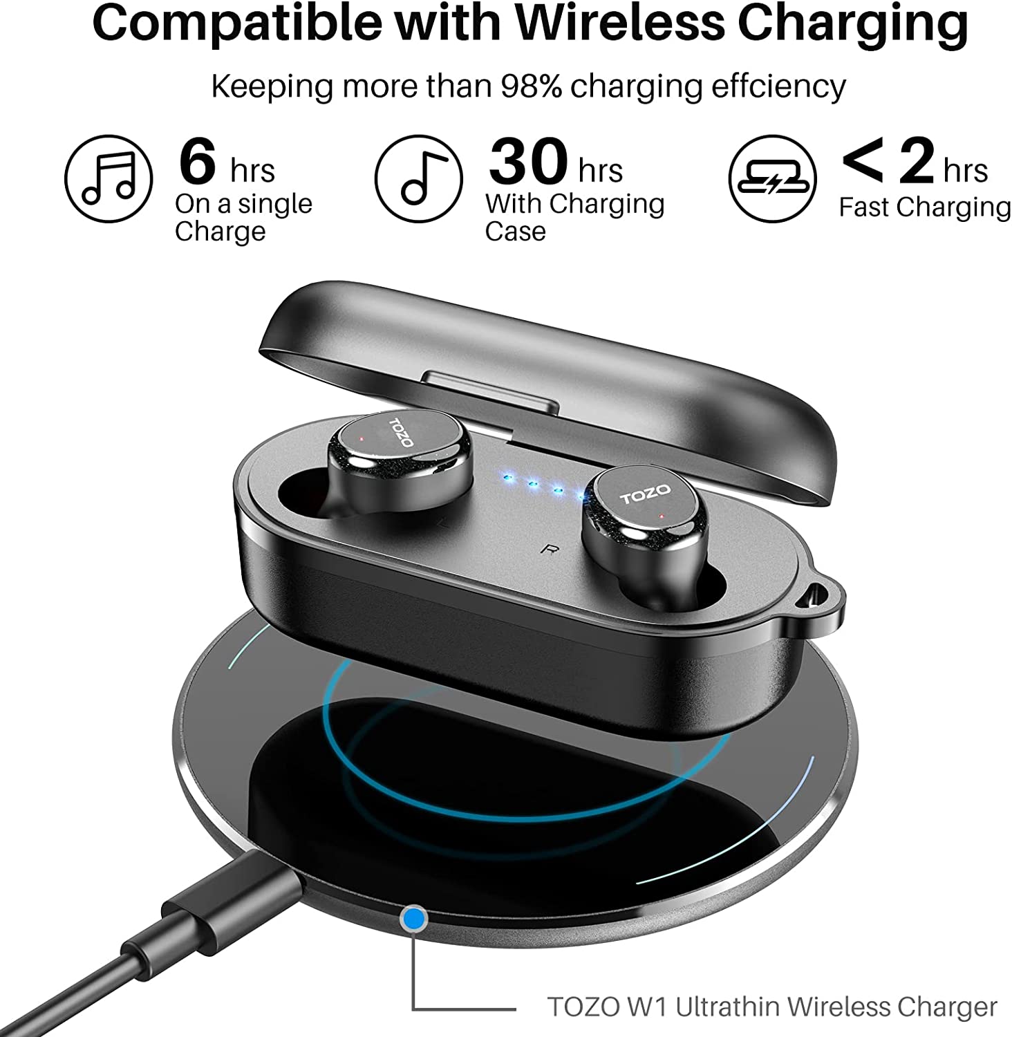 Compatible with Wireless Charging  
Keeping more than 98% charging efficiency  

6 hrs  
On a single Charge  

30 hrs  
With Charging Case  

< 2 hrs  
Fast Charging  

TOZO W1 Ultrathin Wireless Charger