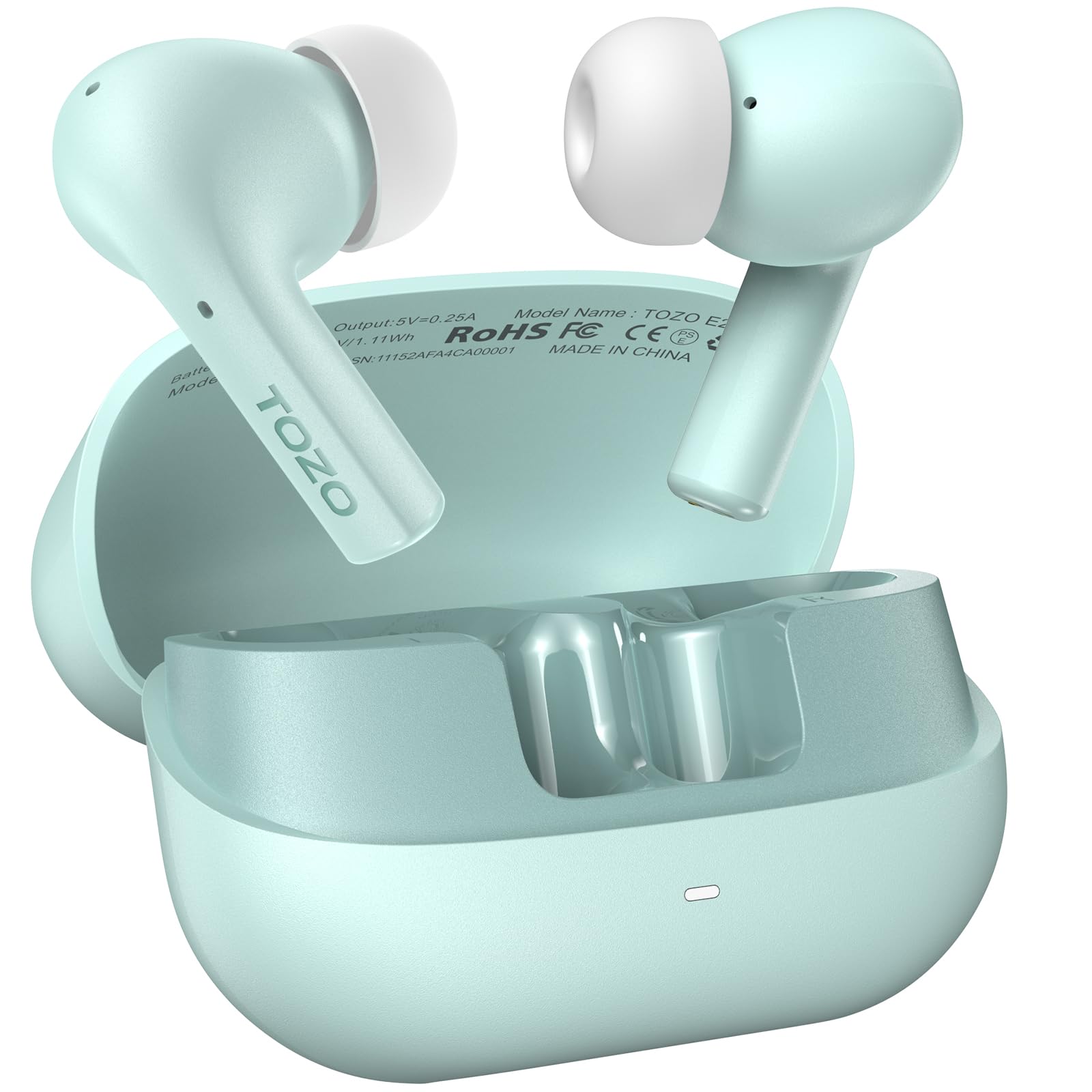 Model Name: TOZO
Output: 5V=0.25A
FC C E2
ROHS
SN: 11Z2AF4CAD0001
MADE IN CHINA
Baree Mode
TOZO