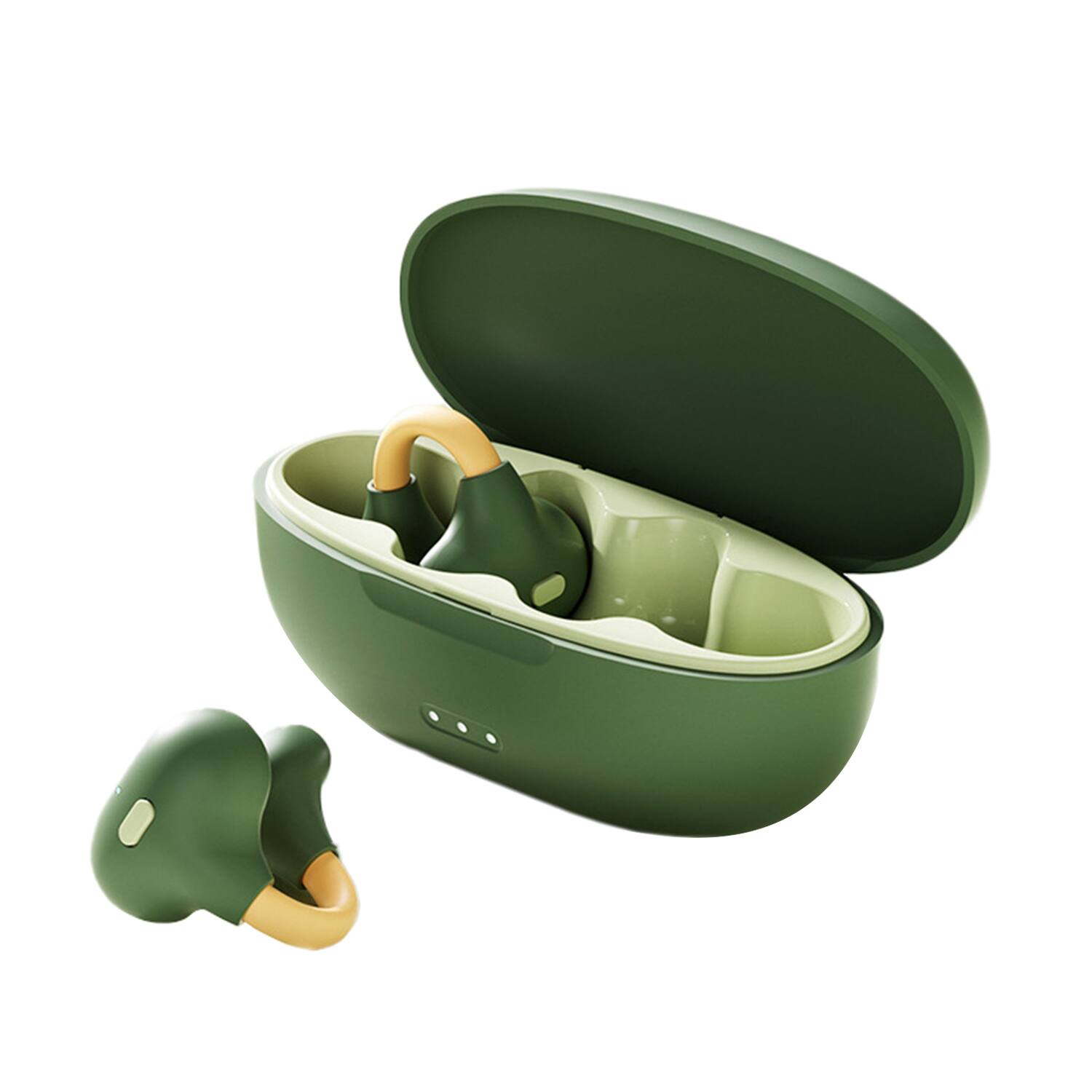 Front. Skanty Furniture - Open-Ear Headphones, Clip-on Bluetooth Earbud with Physical Button, Wireless Headset, Noise Cancelling, Built-in Mic - Green.