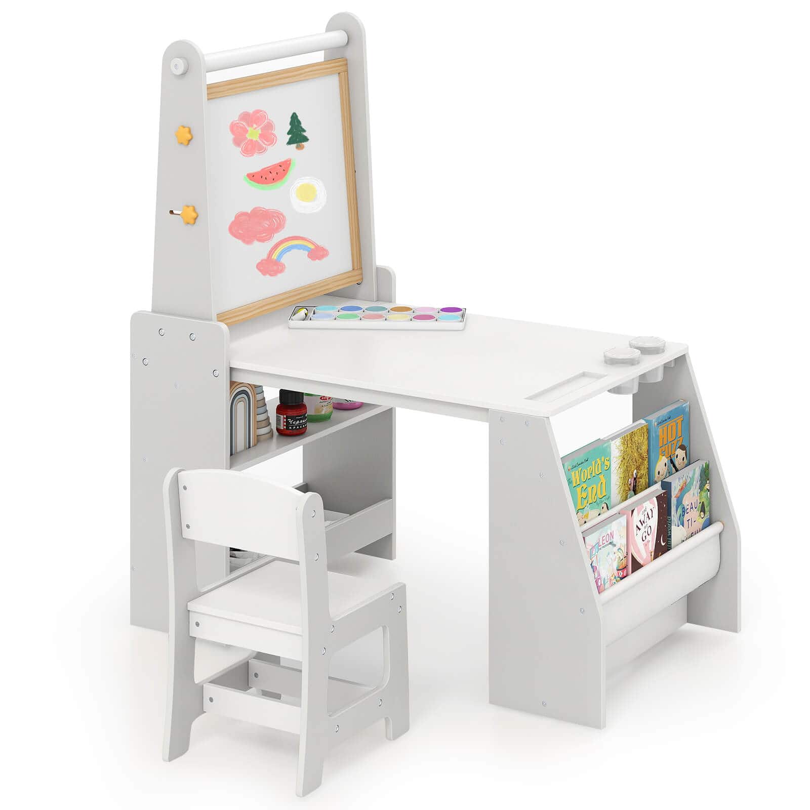 Costway - Kids Art Table and Chair Set with Easel & Chairboard & Chalkboard Paper Roll - Gray