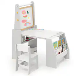 Costway - Kids Art Table and Chair Set with Easel & Chairboard & Chalkboard Paper Roll - Gray