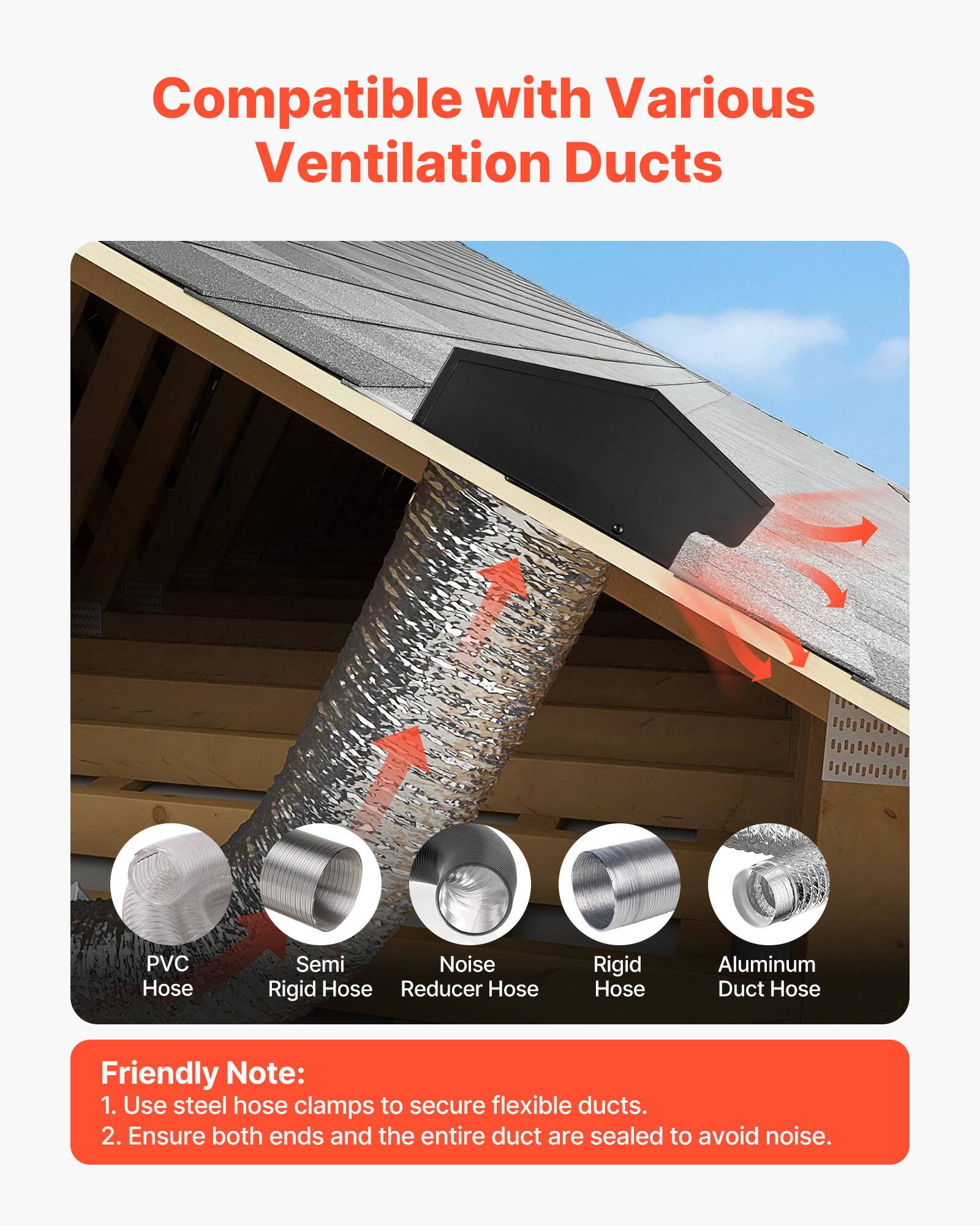 Compatible with Various Ventilation Ducts

- PVC Hose
- Semi Rigid Hose
- Noise Reducer Hose
- Rigid Hose
- Aluminum Duct Hose

Friendly Note:
1. Use steel hose clamps to secure flexible ducts.
2. Ensure both ends and the entire duct are sealed to avoid noise.