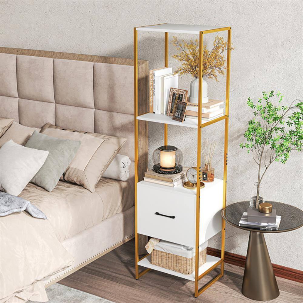 Left. Kadyn - Bookshelf, Storage Shelf, Bookcase,5-Tier Narrow Bookcase with 4 Open Shelves and Storage Drawer-White - White.