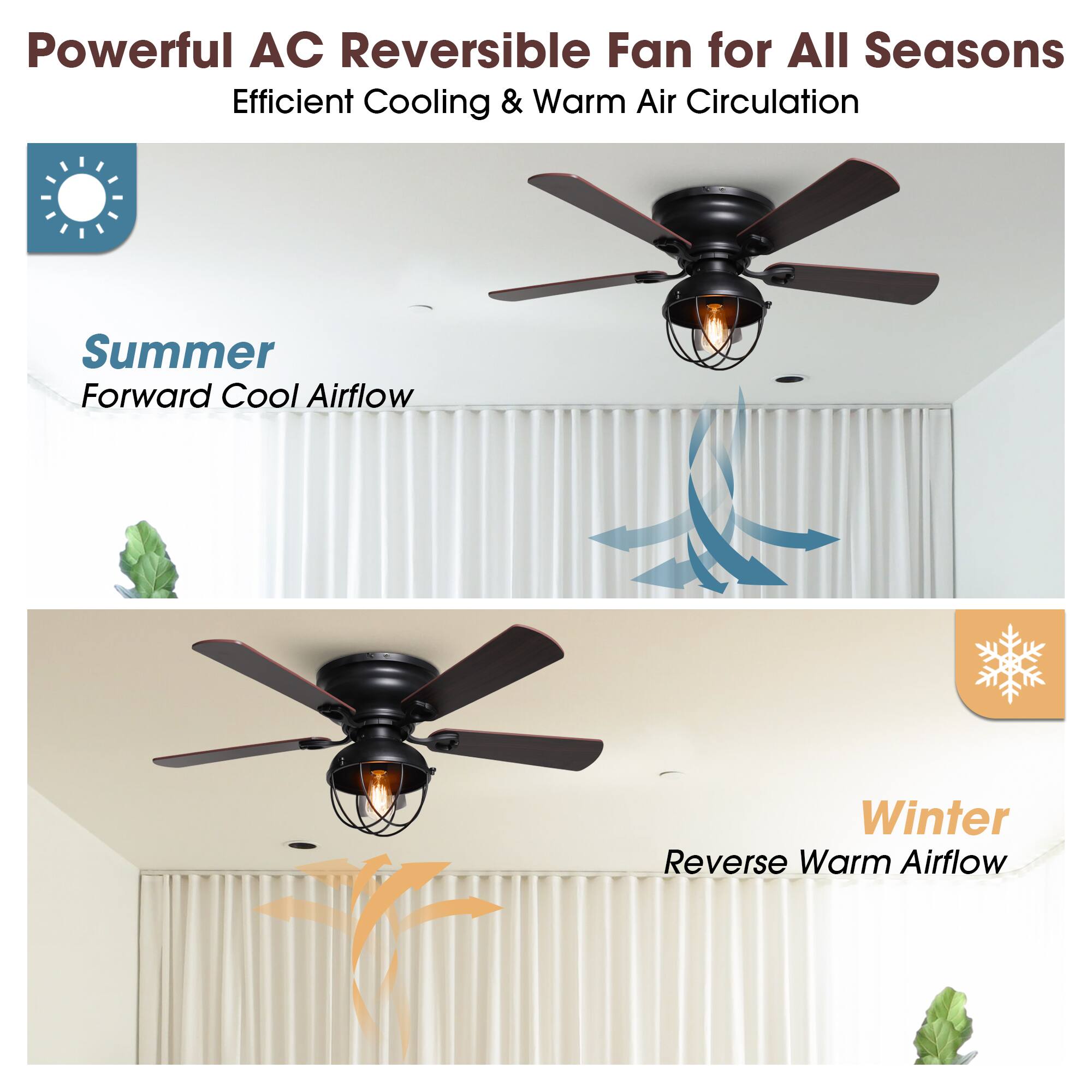 Powerful AC Reversible Fan for All Seasons  
Efficient Cooling & Warm Air Circulation  

Summer  
Forward Cool Airflow  

Winter  
Reverse Warm Airflow