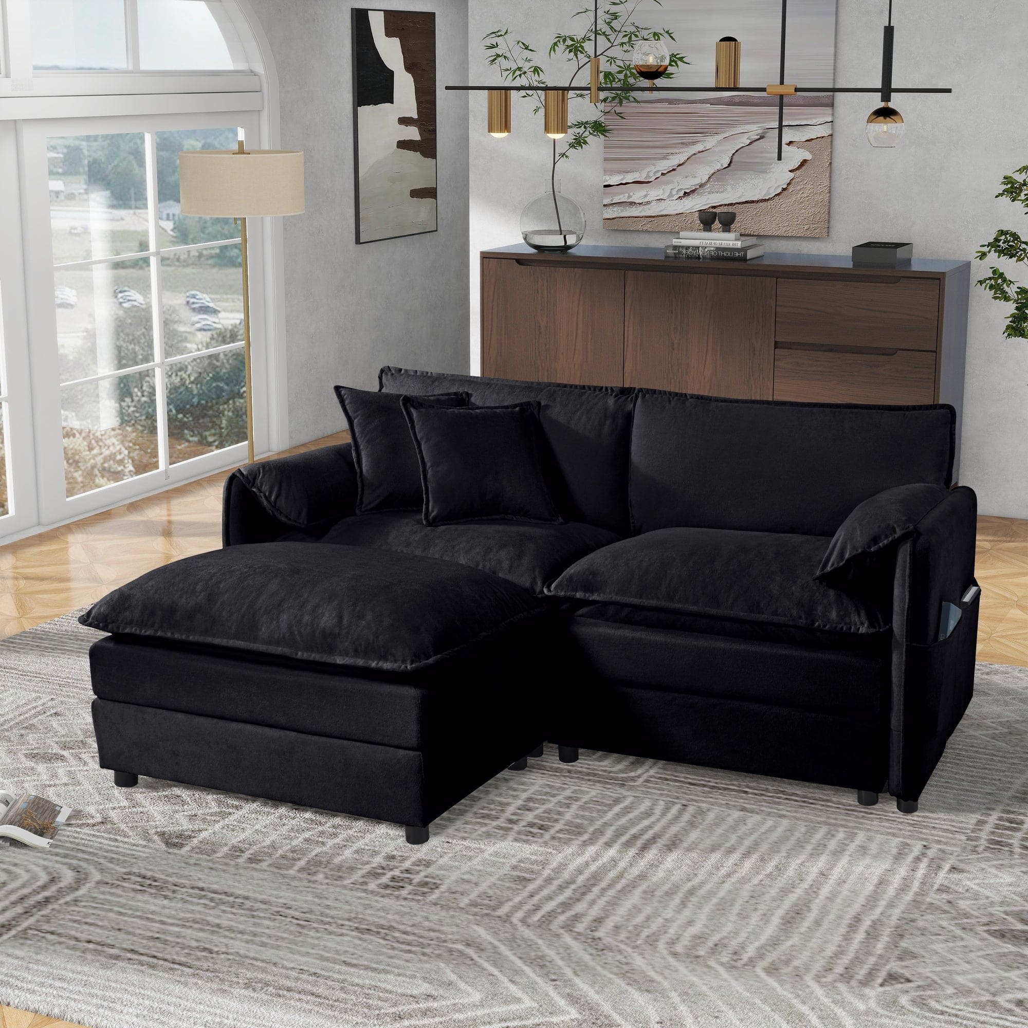 Boyel Living - Modern Minimalist Black Chenille Sofa with Side Storage Pockets 3-Seat - Black