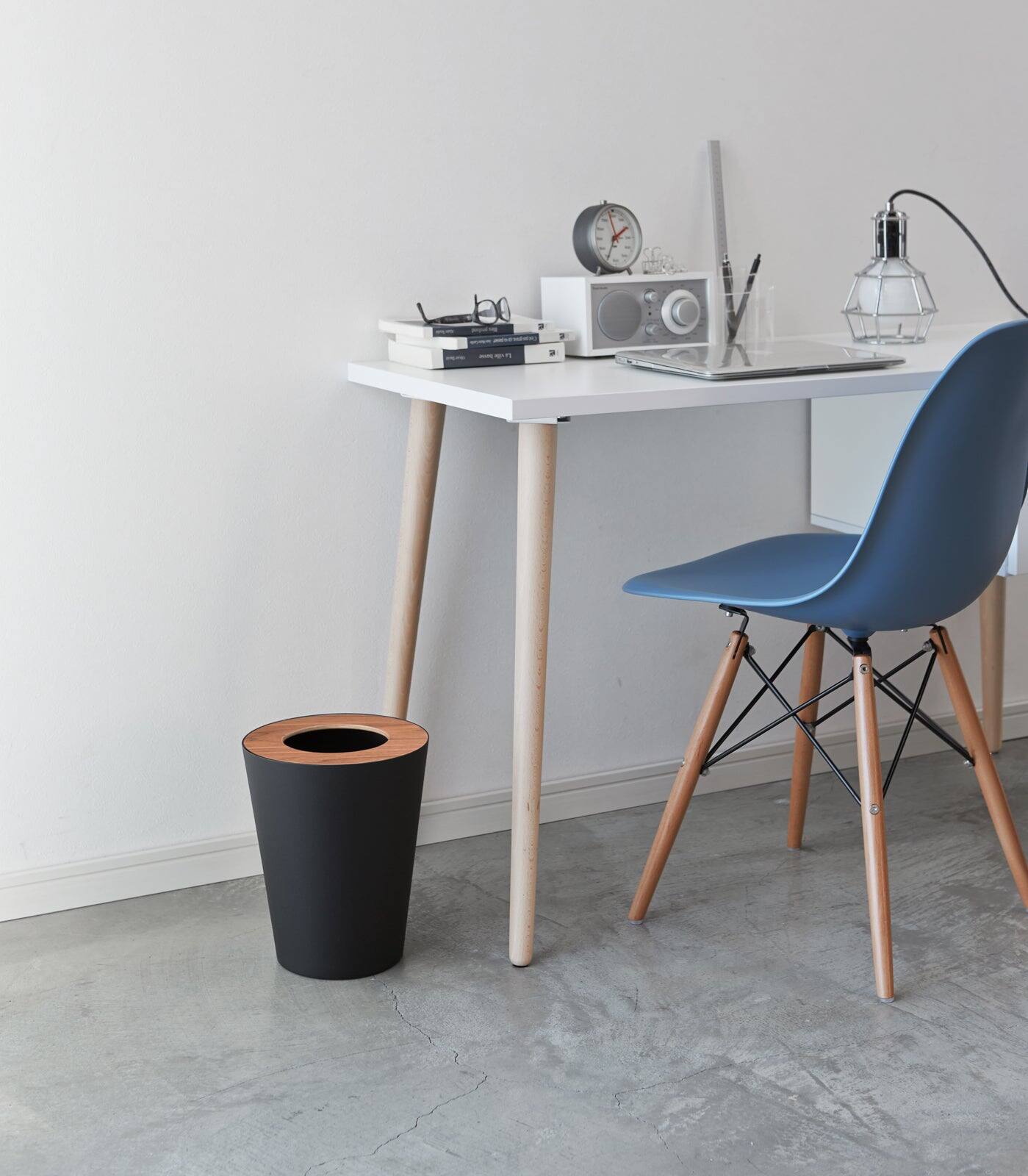 Alt View 3. Yamazaki Home - Trash Can - Round - Steel + Wood - White.