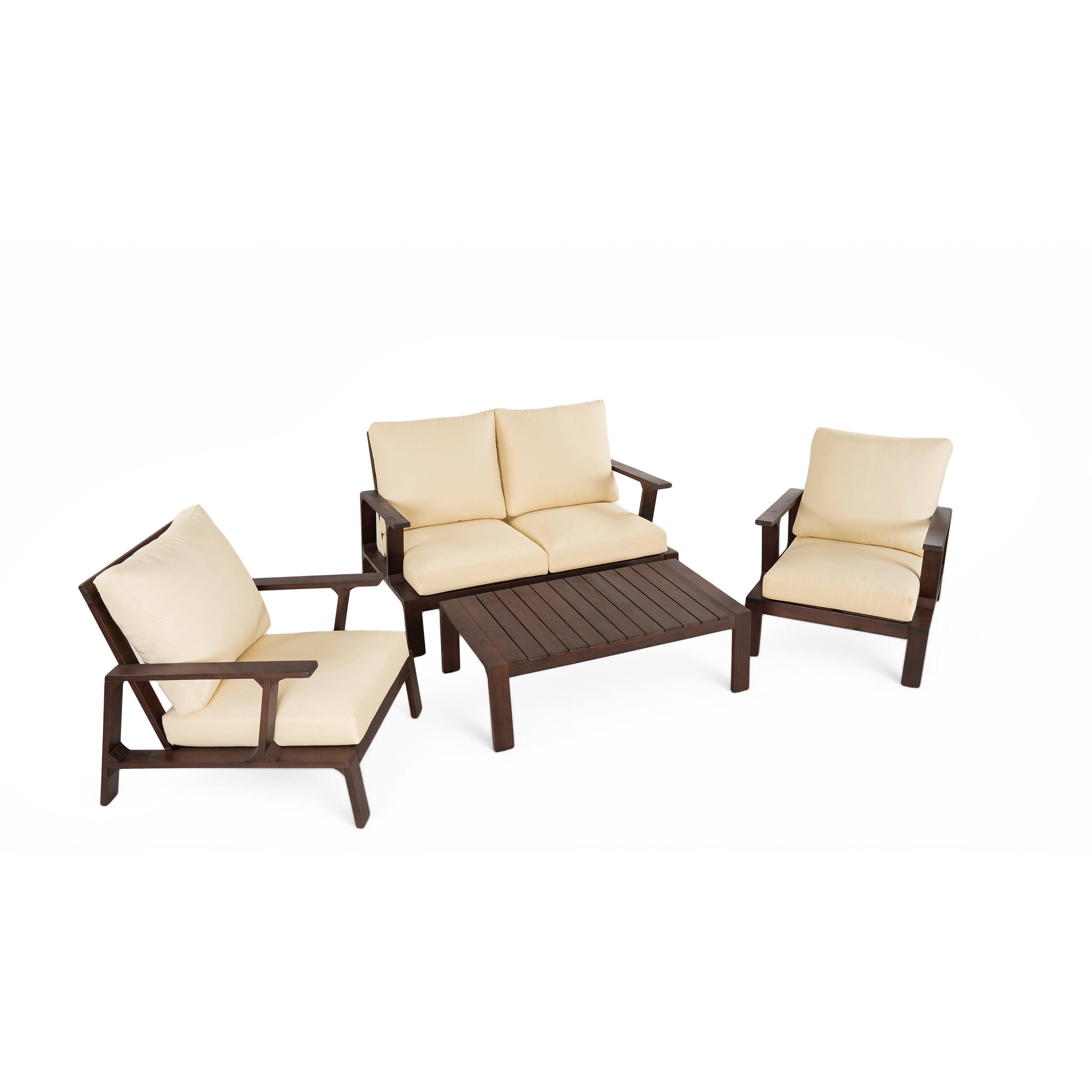 Alt View 5. Siljoy - 4-Piece Outdoor Patio Conversation Set, 4-Seat Sofa with Coffee Table, Dark Brown + Beige Cushions - Beige,Dark Brown.