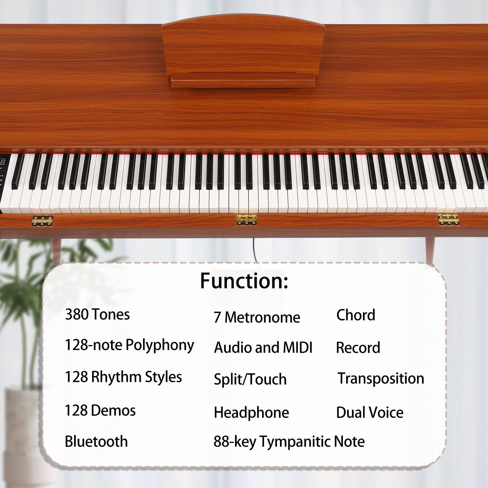Function:

- 380 Tones
- 128-note Polyphony
- 128 Rhythm Styles
- 128 Demos
- Bluetooth
- 7 Metronome
- Audio and MIDI Record
- Split/Touch
- Headphone
- 88-key Tympanitic Note
- Chord
- Transposition
- Dual Voice
