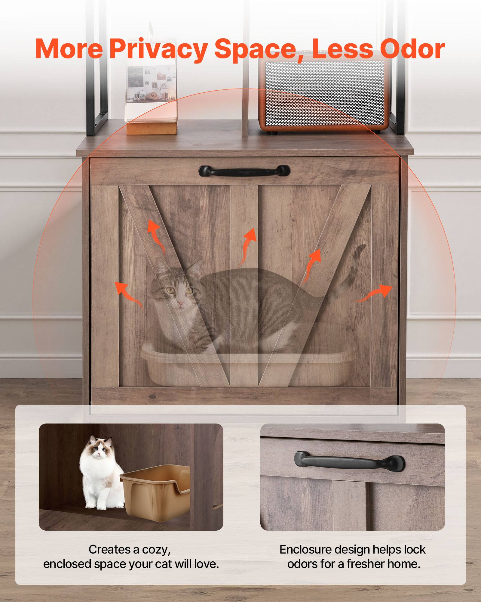 More Privacy Space, Less Odor

Creates a cozy, enclosed space your cat will love.

Enclosure design helps lock odors for a fresher home.