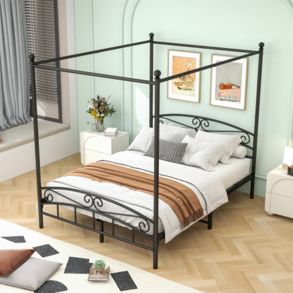 Left. LUCKY ONE - Queen Size Metal Canopy Bed Frame with Headboard and Footboard, 4-Post Design, Steel Tubing, No Box Spring Needed - Black.